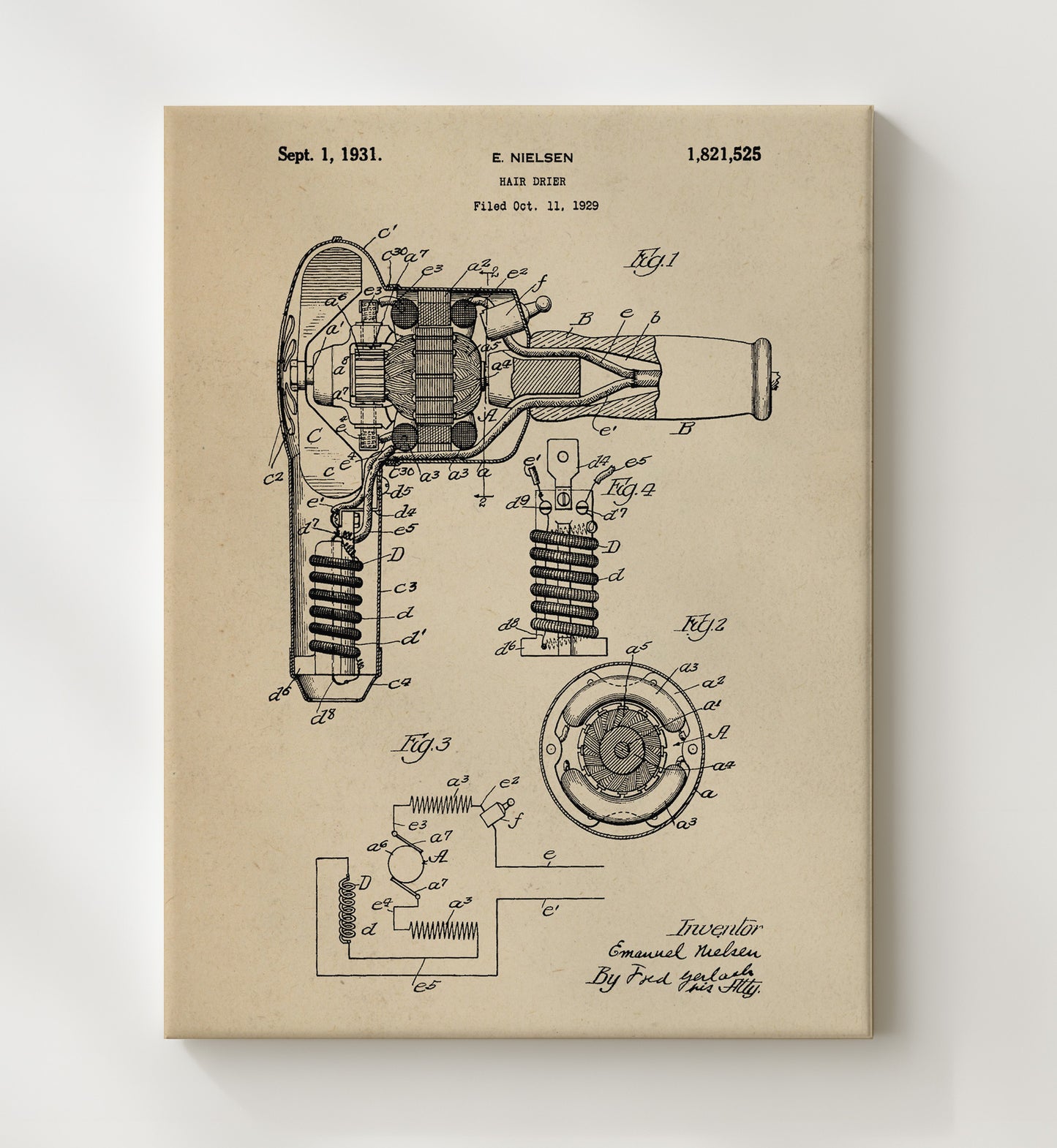Patent Print - Hair Drier - Emanuel Nielsen - 1931 - Patent 1821525 Patent Wall Art