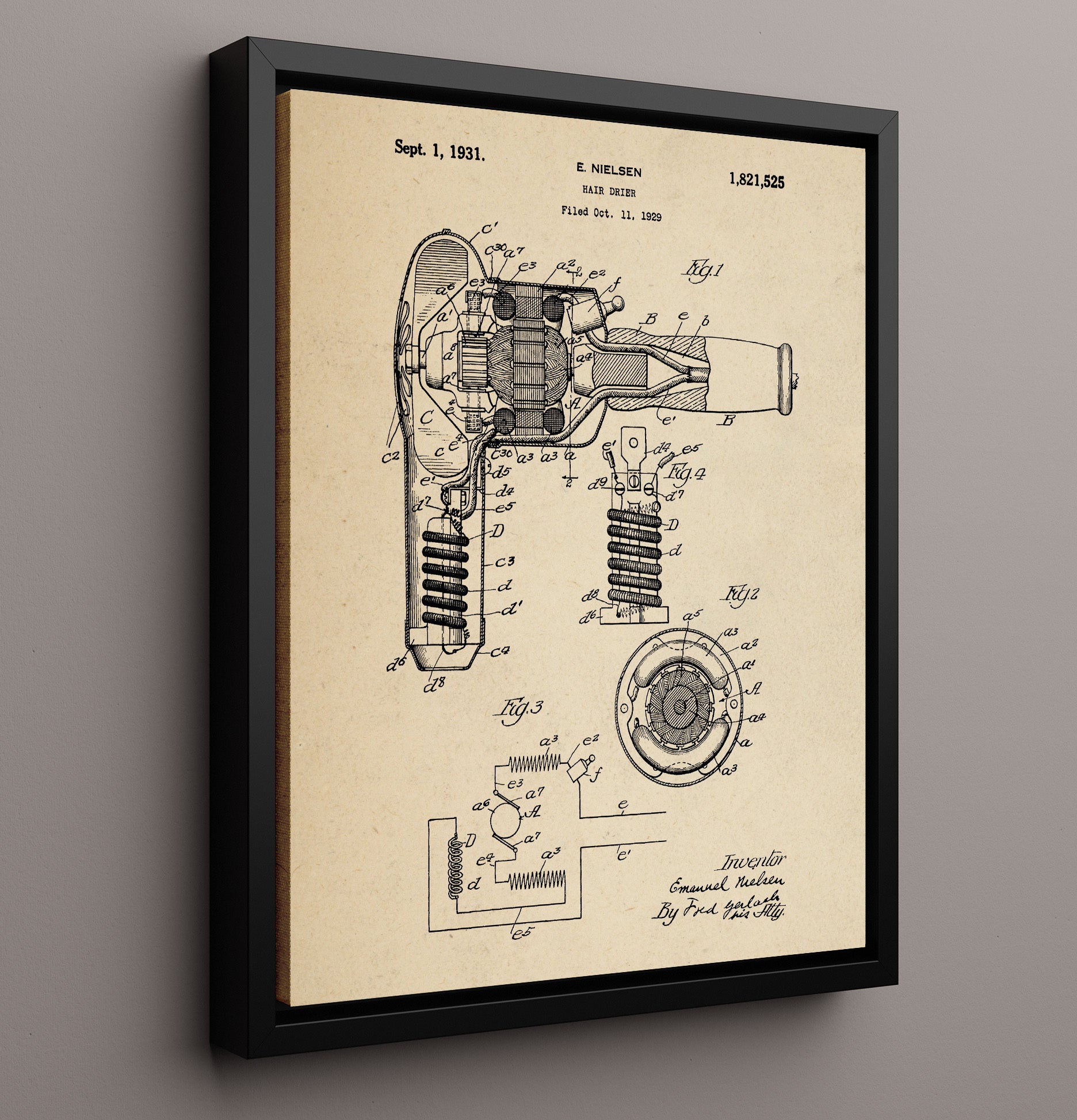 Patent Print - Hair Drier - Emanuel Nielsen - 1931 - Patent 1821525 Patent Wall Art