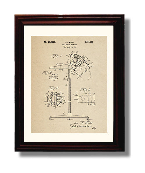 Patent Print - Hair Drying Apparatus - Leo J. Wahl - 1937 - Patent 2081565 Patent Wall Art