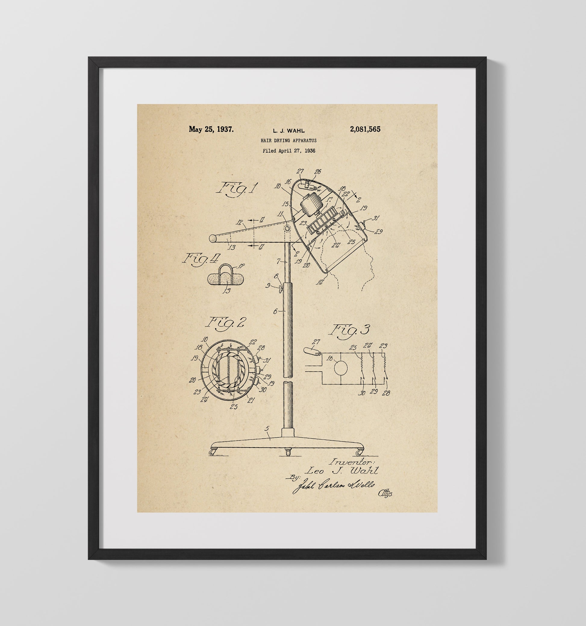 Patent Print - Hair Drying Apparatus - Leo J. Wahl - 1937 - Patent 2081565 Patent Wall Art