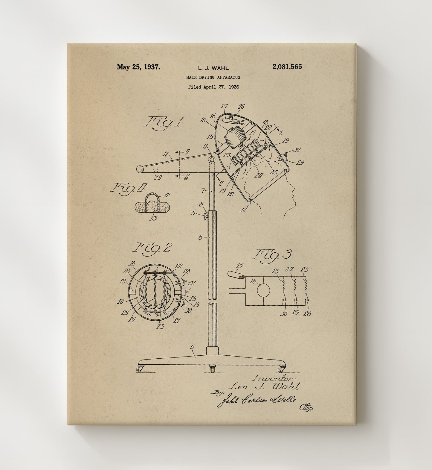 Patent Print - Hair Drying Apparatus - Leo J. Wahl - 1937 - Patent 2081565 Patent Wall Art