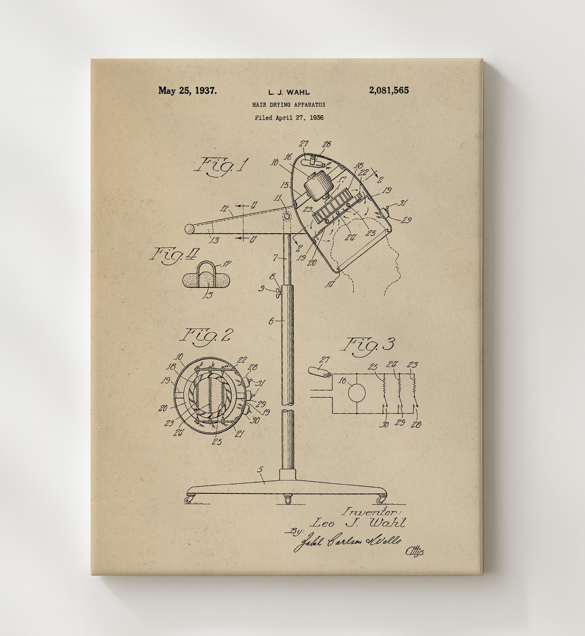 Patent Print - Hair Drying Apparatus - Leo J. Wahl - 1937 - Patent 2081565 Patent Wall Art