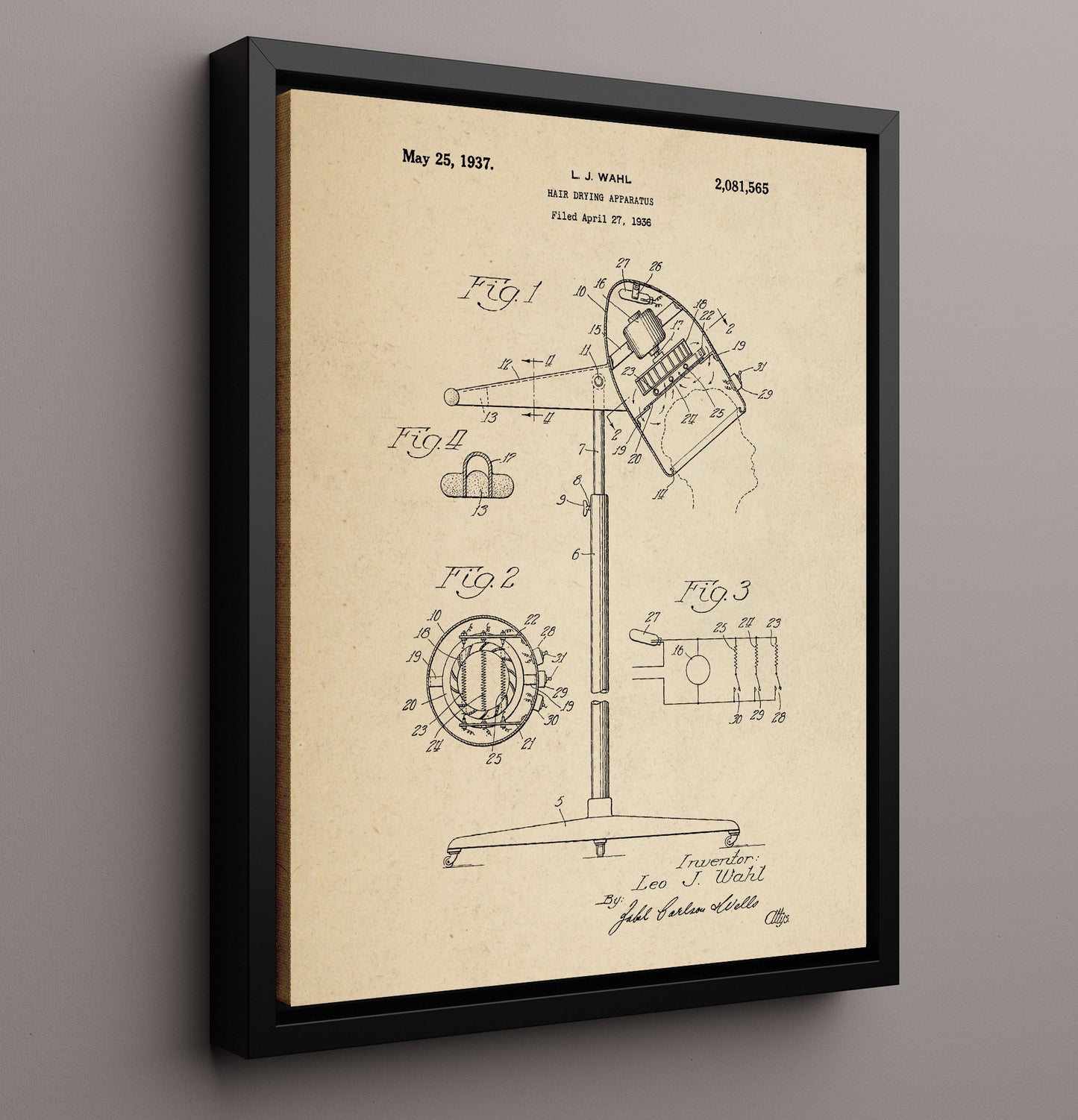 Patent Print - Hair Drying Apparatus - Leo J. Wahl - 1937 - Patent 2081565 Patent Wall Art