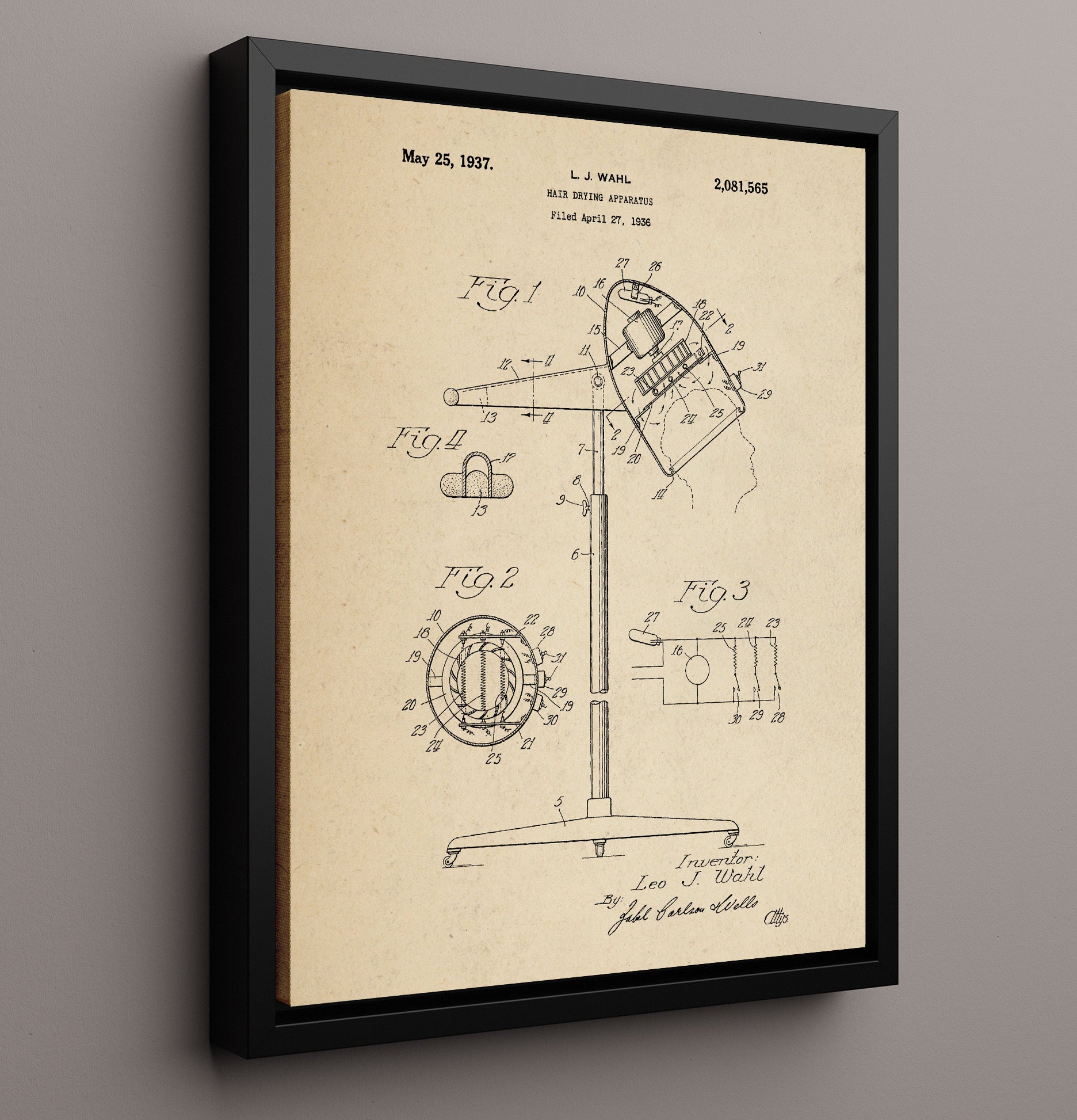 Patent Print - Hair Drying Apparatus - Leo J. Wahl - 1937 - Patent 2081565 Patent Wall Art
