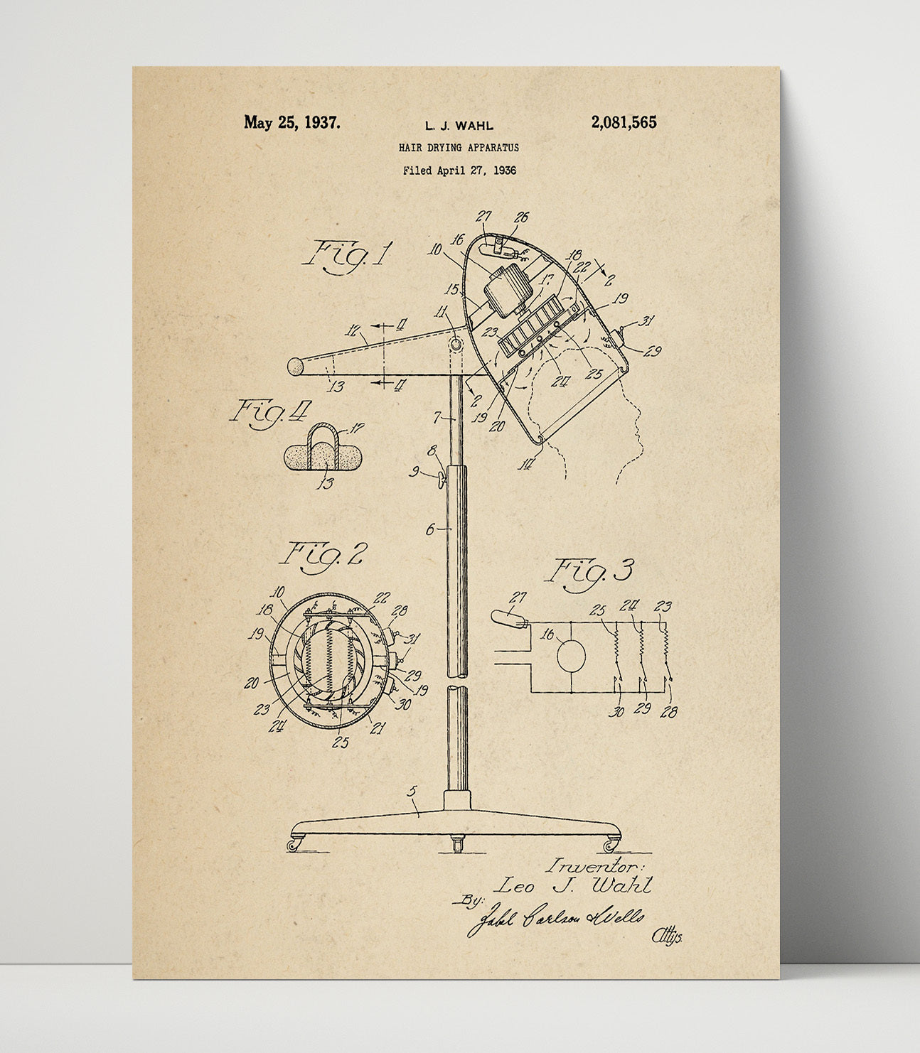 Patent Print - Hair Drying Apparatus - Leo J. Wahl - 1937 - Patent 2081565 Patent Wall Art