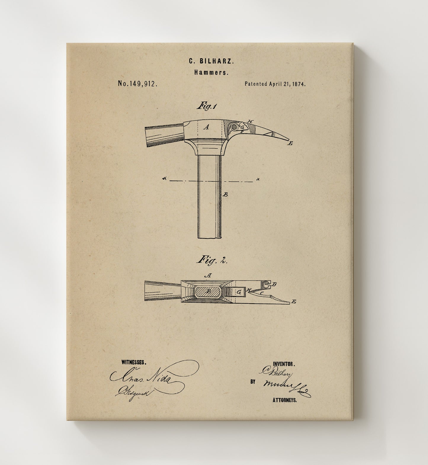 Patent Print - Hammer - C. Bilharz - 1874 - Patent 149912 Patent Wall Art