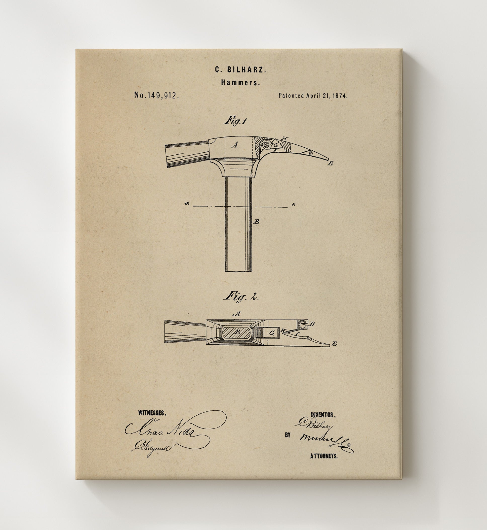 Patent Print - Hammer - C. Bilharz - 1874 - Patent 149912 Patent Wall Art