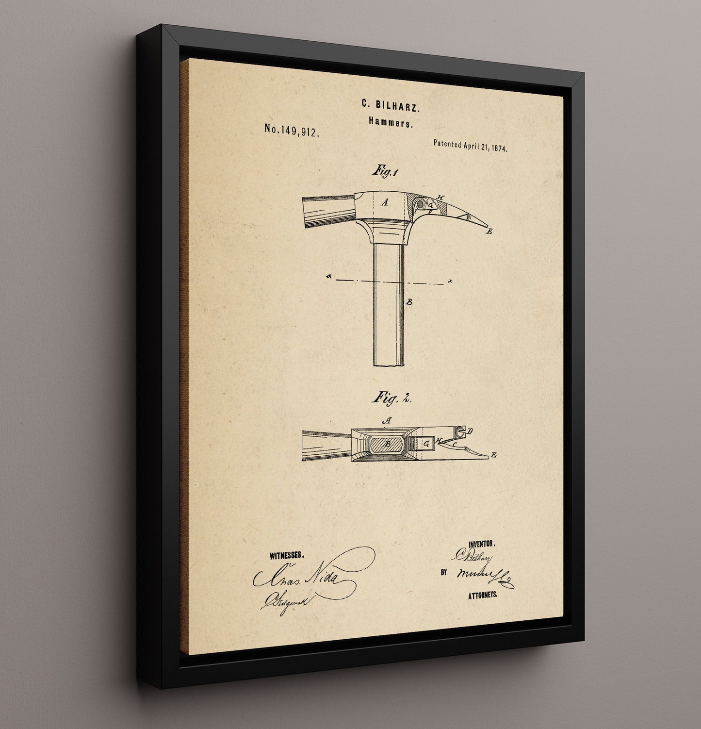 Patent Print - Hammer - C. Bilharz - 1874 - Patent 149912 Patent Wall Art