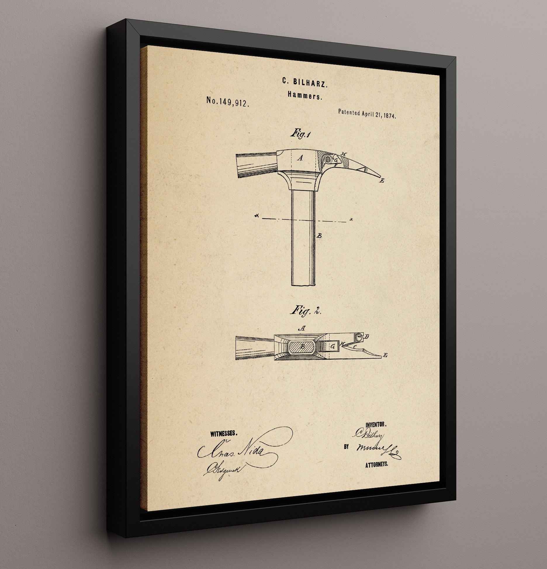 Patent Print - Hammer - C. Bilharz - 1874 - Patent 149912 Patent Wall Art