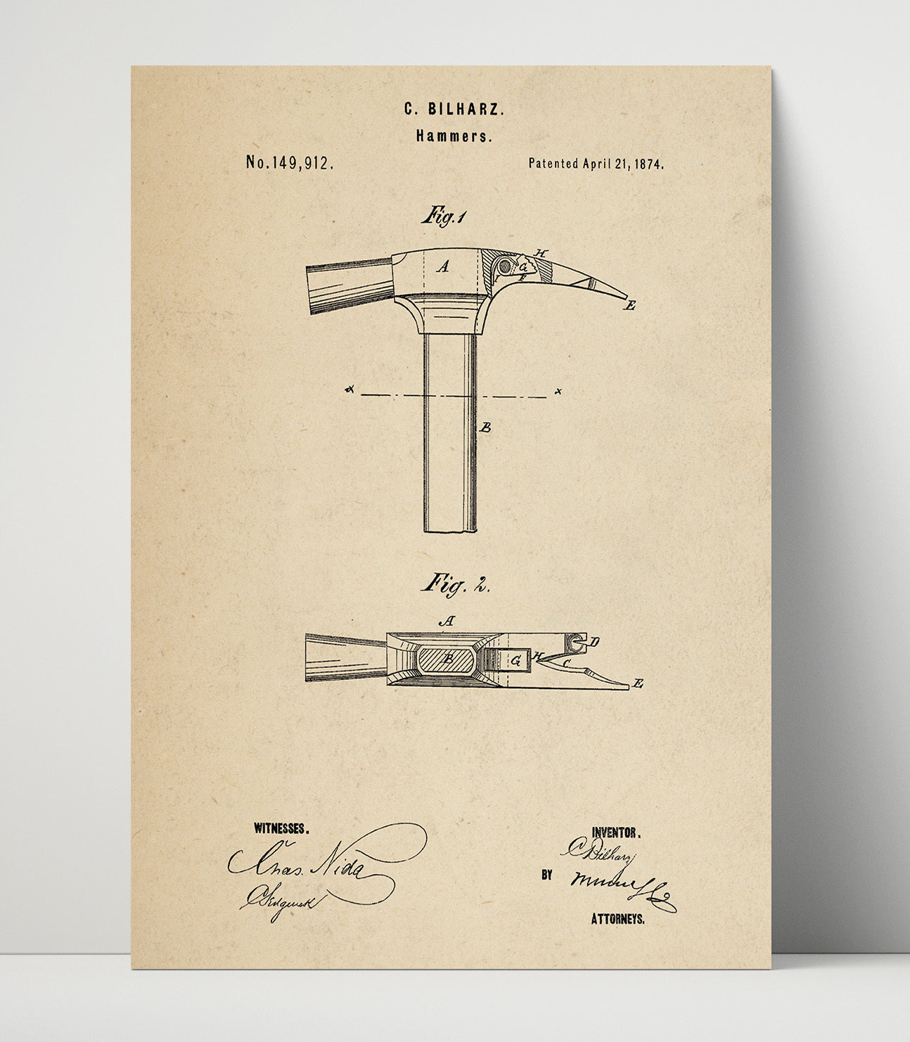 Patent Print - Hammer - C. Bilharz - 1874 - Patent 149912 Patent Wall Art