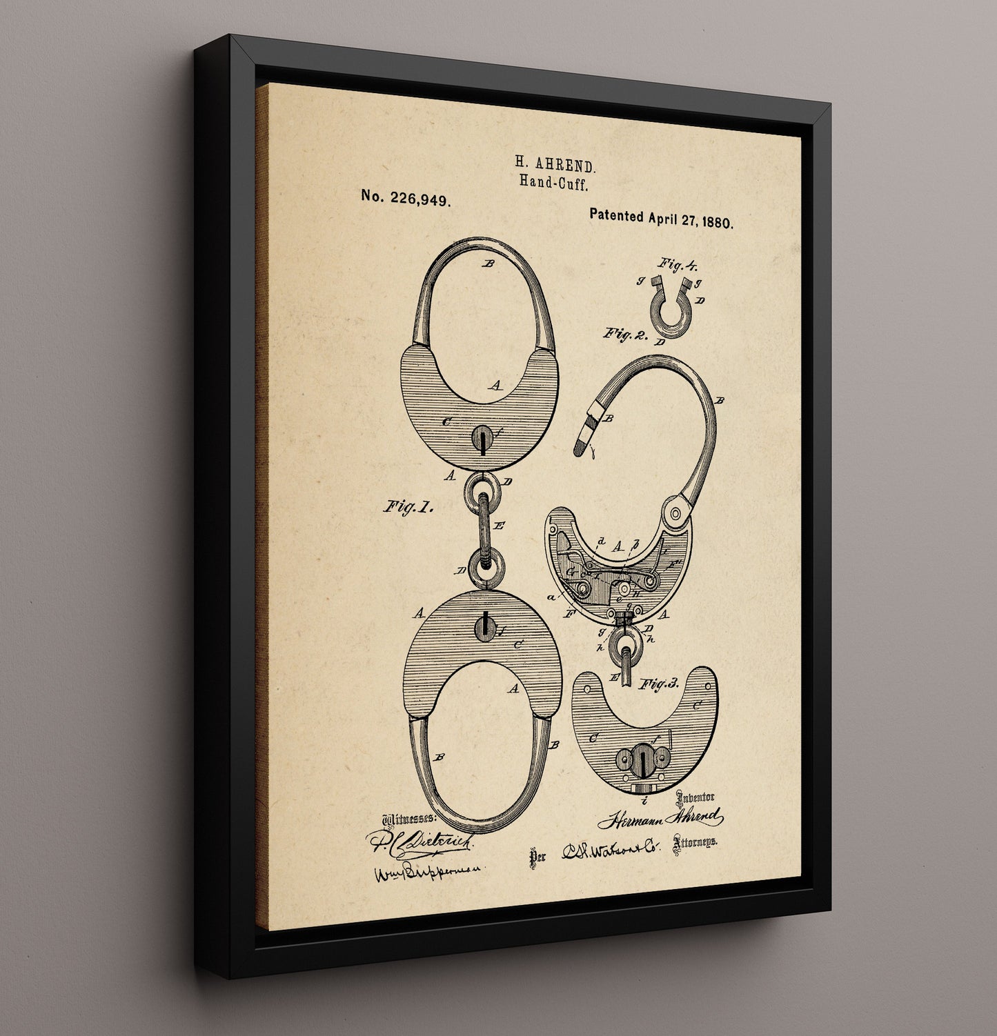 Patent Print - Hand-Cuff - Hermann Ahrend - 1880 - Patent 226949 Patent Wall Art