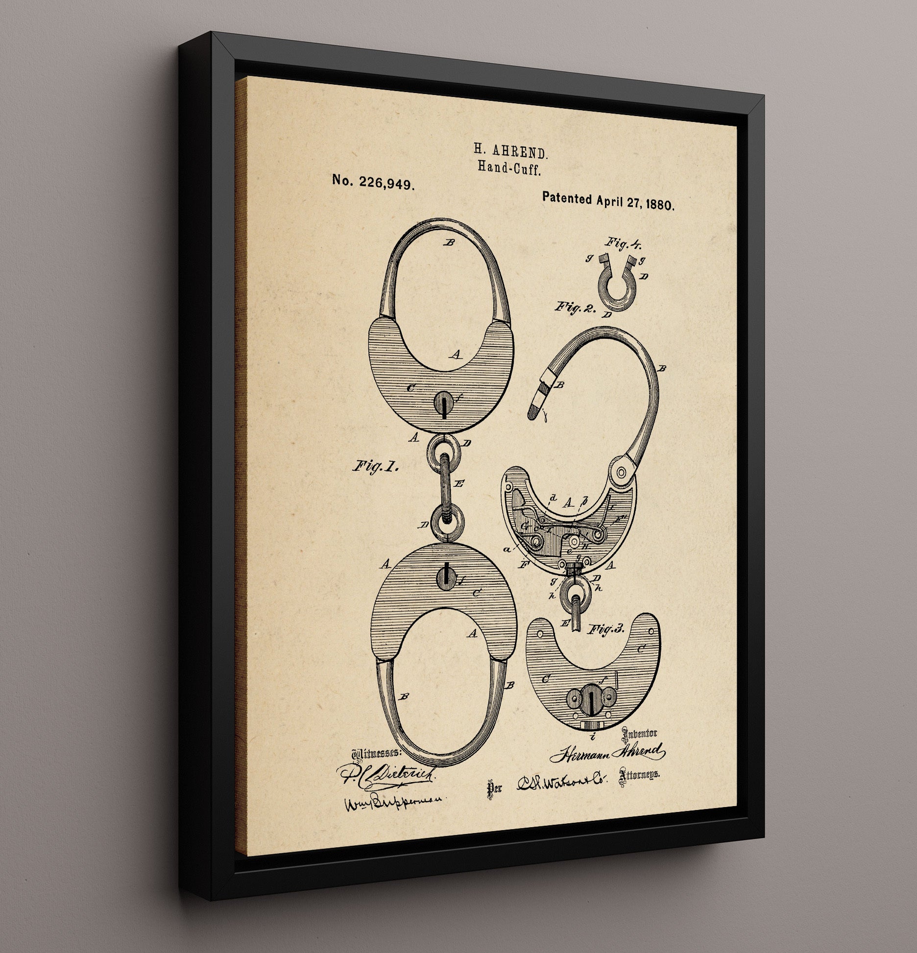 Patent Print - Hand-Cuff - Hermann Ahrend - 1880 - Patent 226949 Patent Wall Art