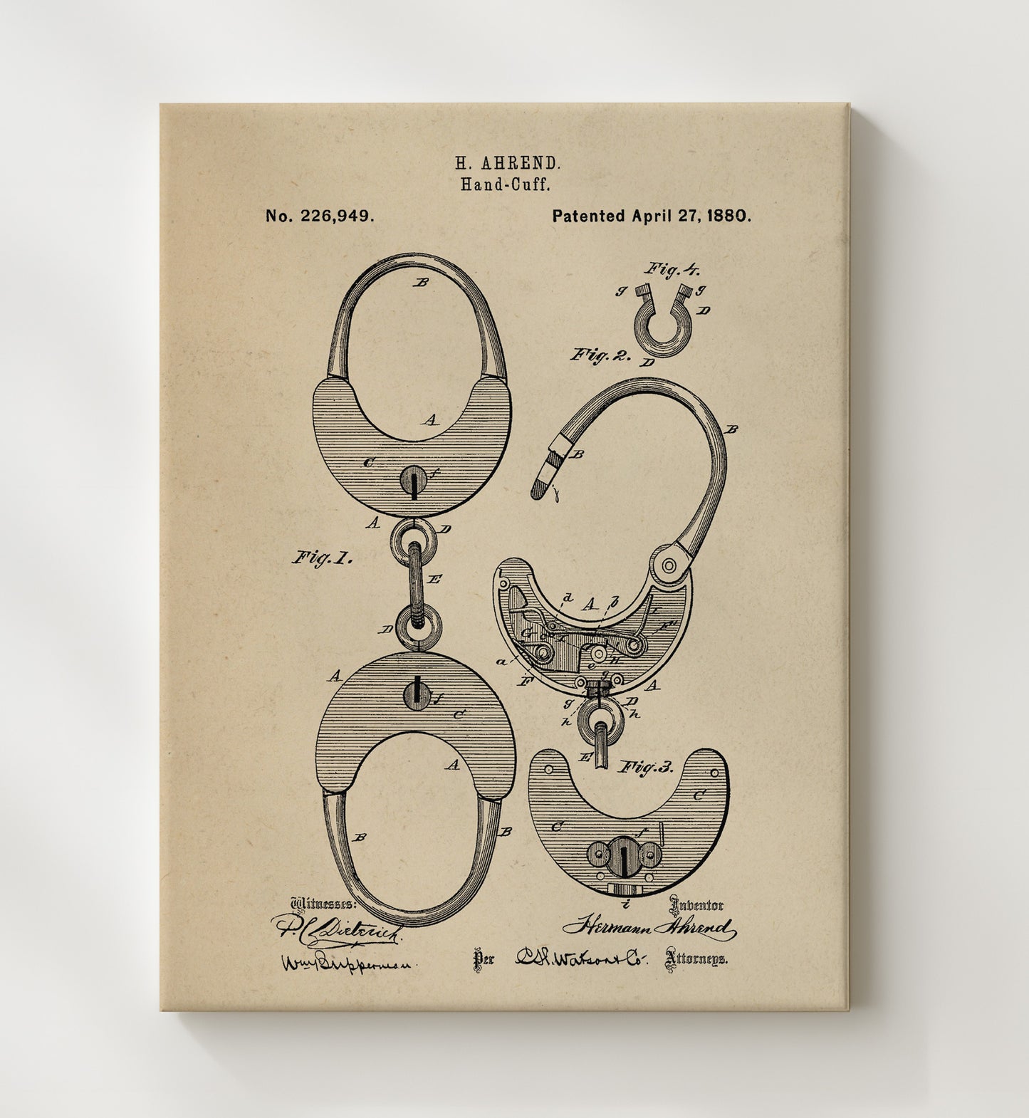 Patent Print - Hand-Cuff - Hermann Ahrend - 1880 - Patent 226949 Patent Wall Art