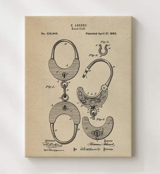 Hand-Cuff 1880 patent print wall art 8x10 Canvas