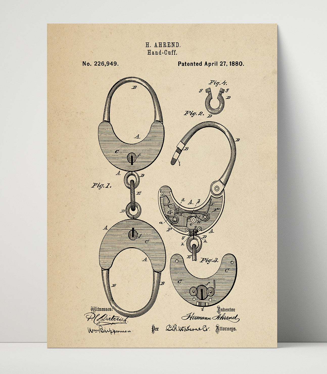 Patent Print - Hand-Cuff - Hermann Ahrend - 1880 - Patent 226949 Patent Wall Art
