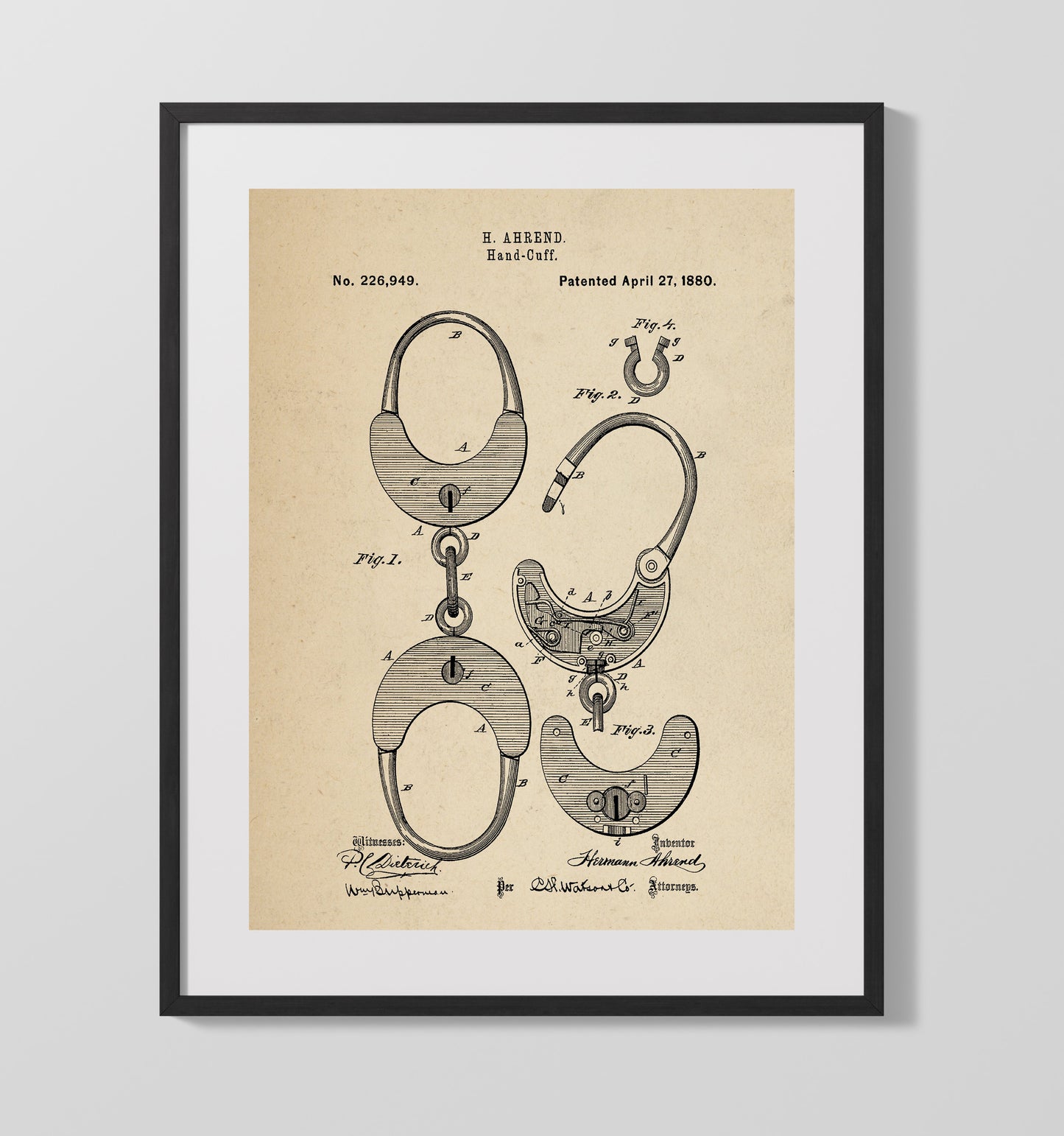 Patent Print - Hand-Cuff - Hermann Ahrend - 1880 - Patent 226949 Patent Wall Art
