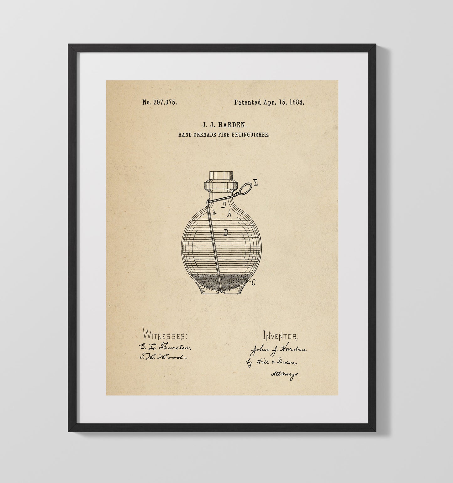 Patent Print - Hand Grenade Fire Extinguisher - J. J. Harden - 1884 - Patent 297075 Patent Wall Art