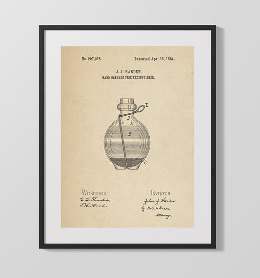 Hand Grenade Fire Extinguisher - 1884 Patent - 16x20 Gallery Frame