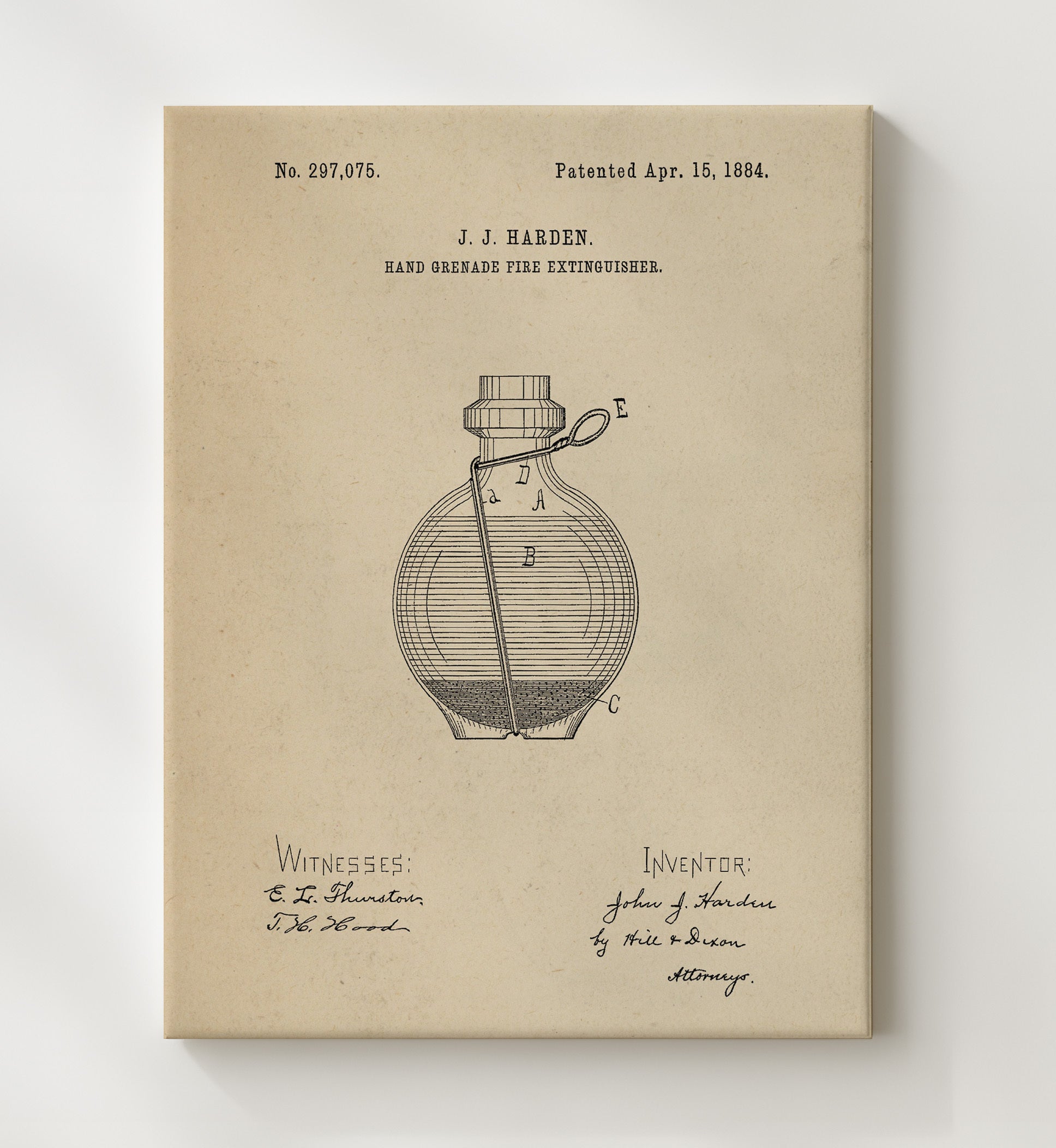 Patent Print - Hand Grenade Fire Extinguisher - J. J. Harden - 1884 - Patent 297075 Patent Wall Art