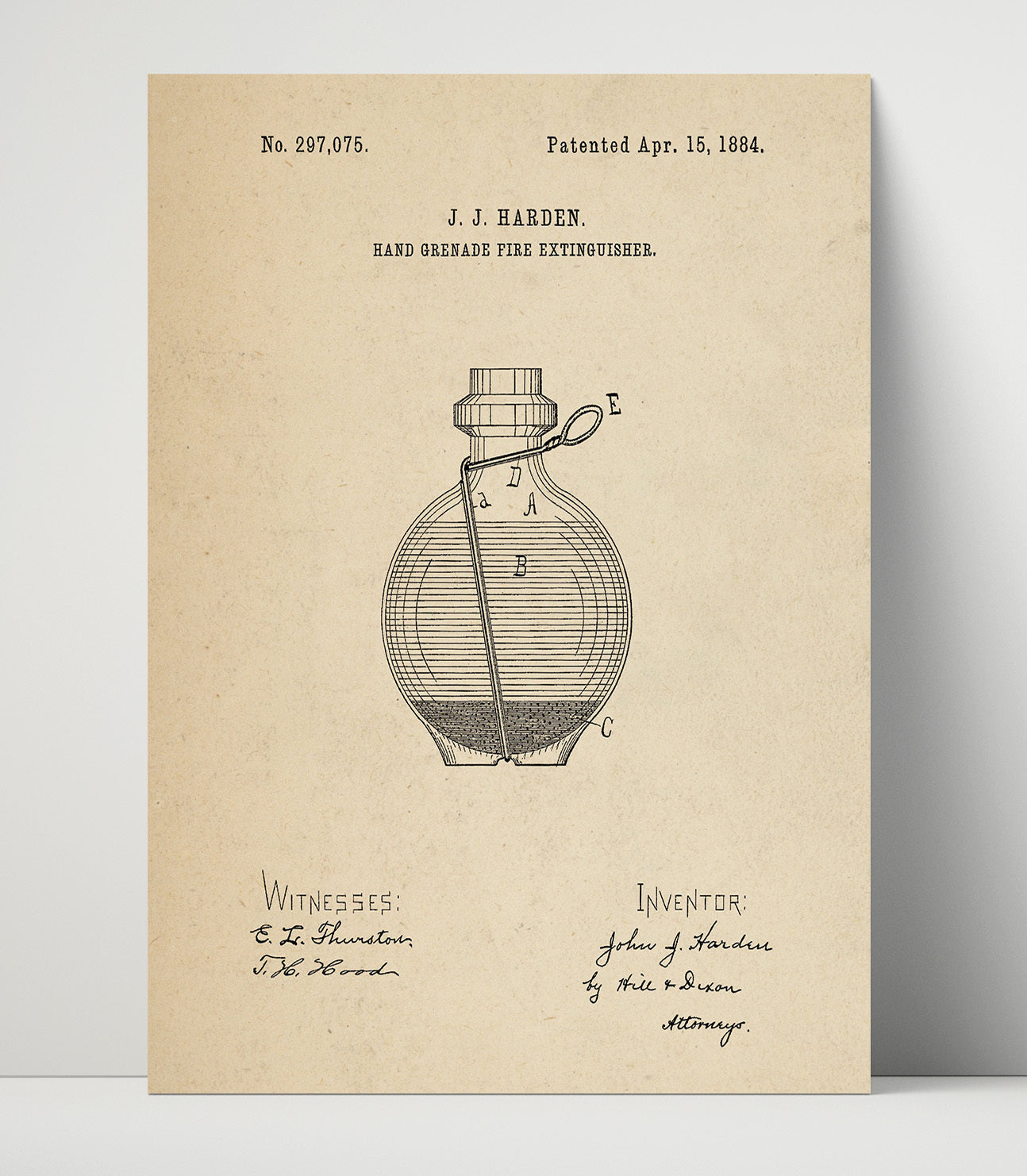 Patent Print - Hand Grenade Fire Extinguisher - J. J. Harden - 1884 - Patent 297075 Patent Wall Art