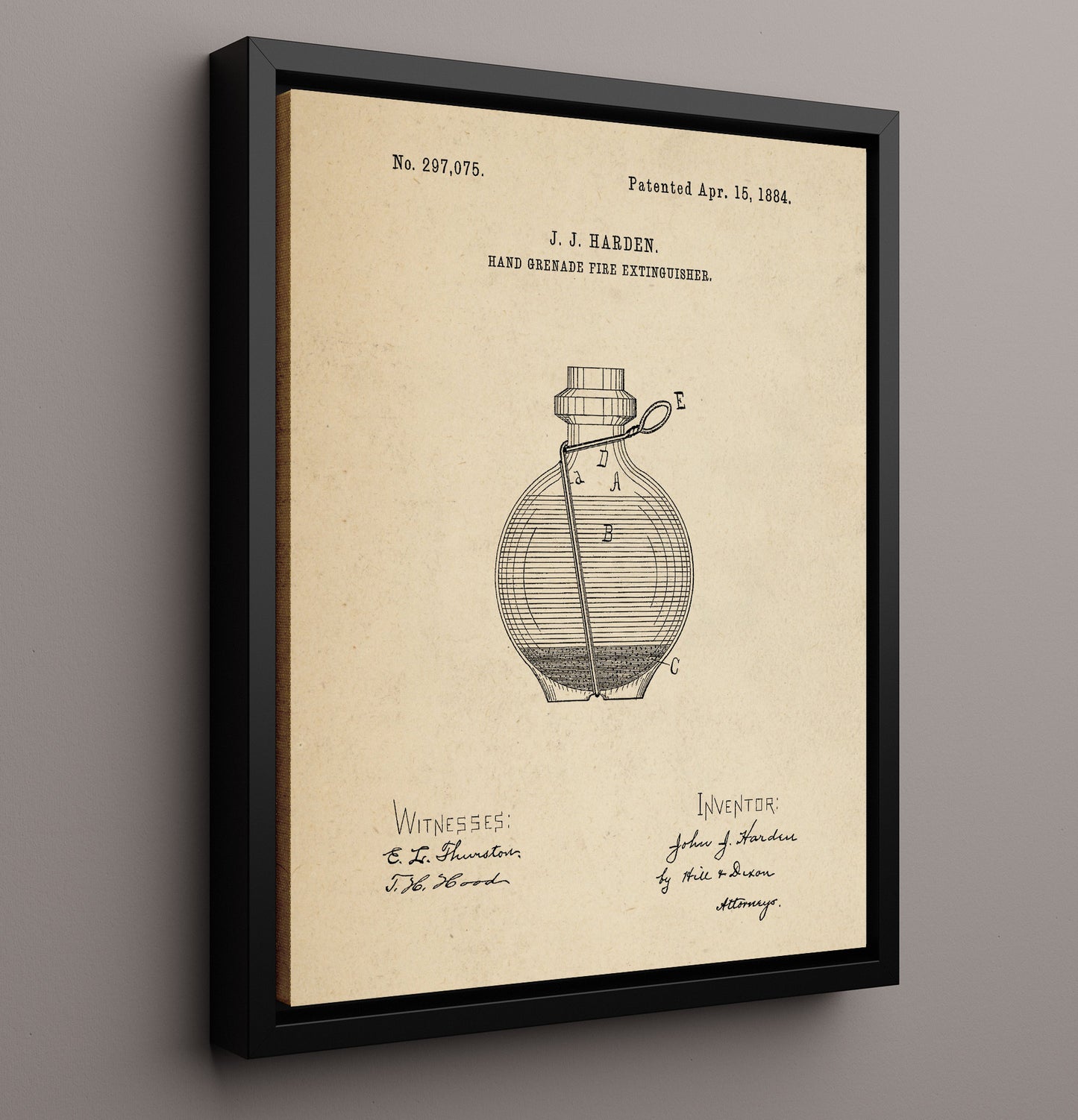 Patent Print - Hand Grenade Fire Extinguisher - J. J. Harden - 1884 - Patent 297075 Patent Wall Art