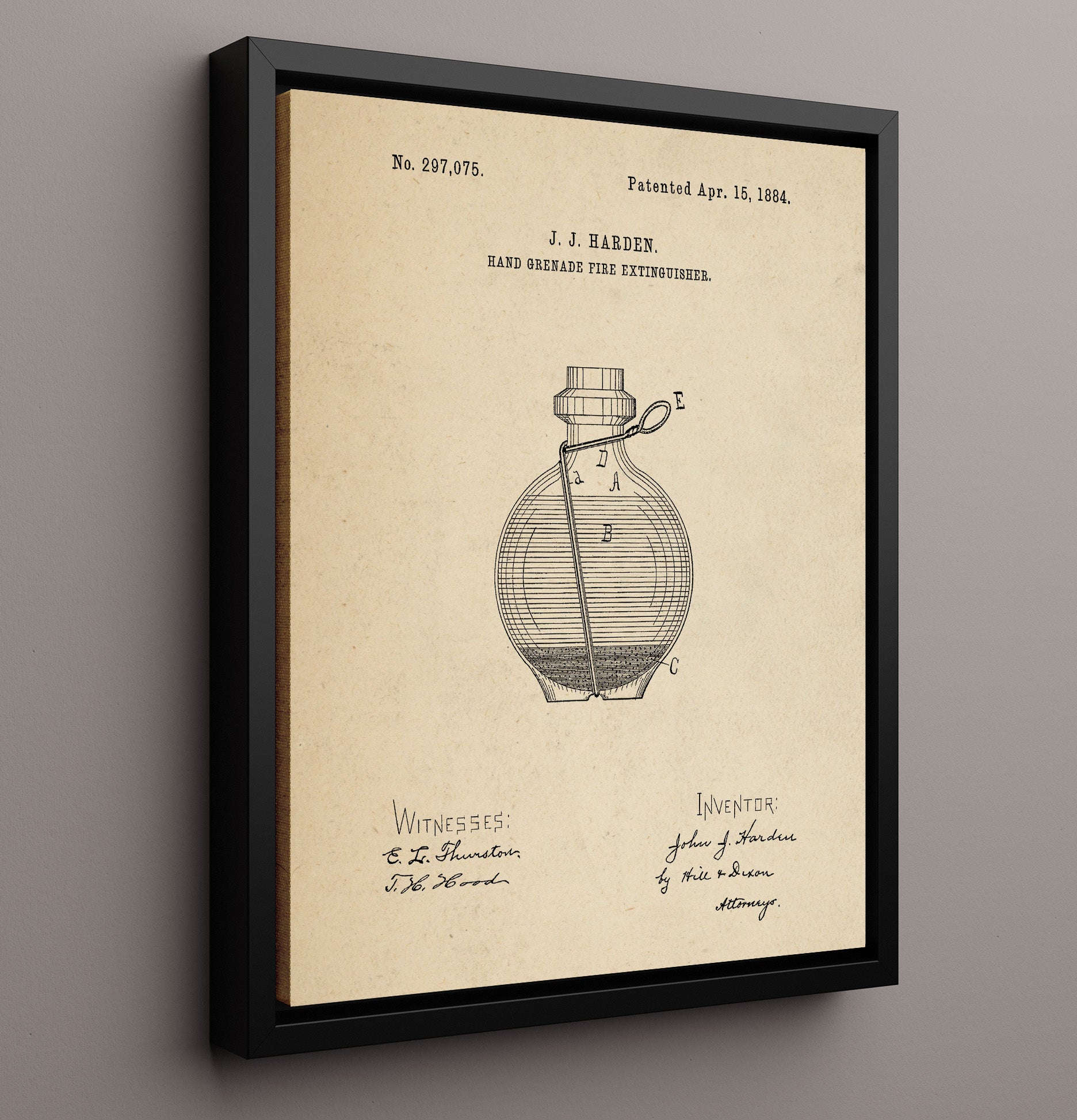 Patent Print - Hand Grenade Fire Extinguisher - J. J. Harden - 1884 - Patent 297075 Patent Wall Art
