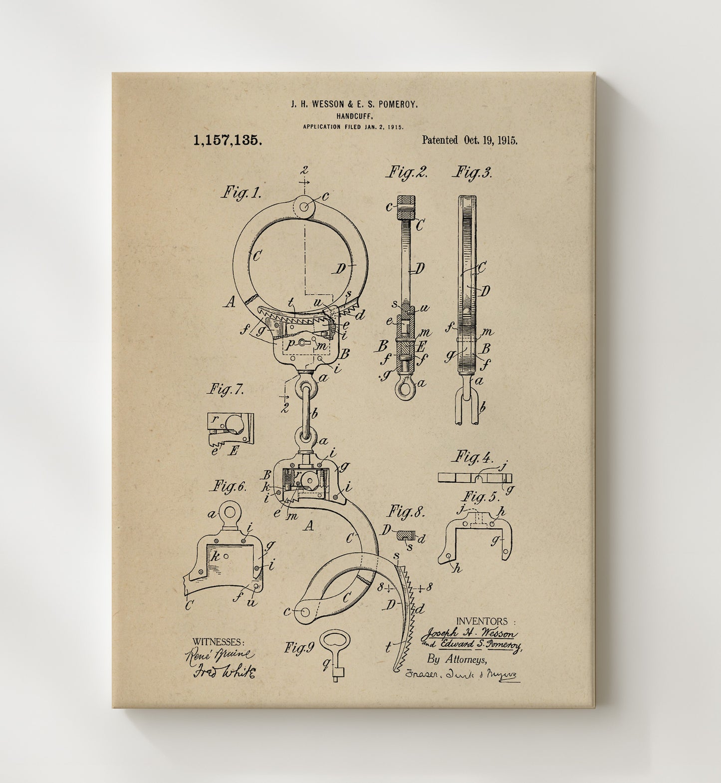 Patent Print - Handcuff - J. H. Wesson And E. S. Pomeroy - 1915 - Patent 1157135 Patent Wall Art