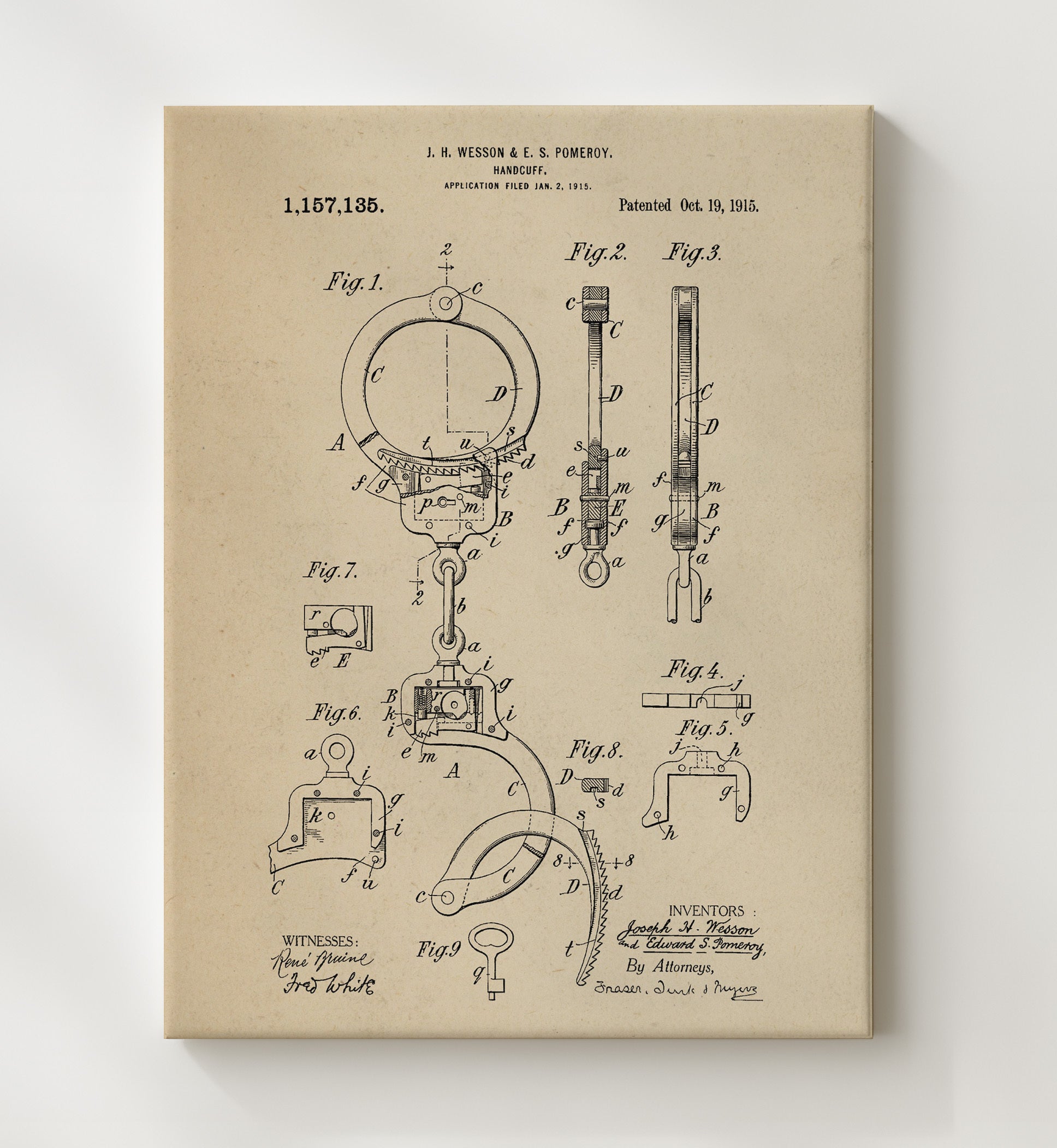 Patent Print - Handcuff - J. H. Wesson And E. S. Pomeroy - 1915 - Patent 1157135 Patent Wall Art