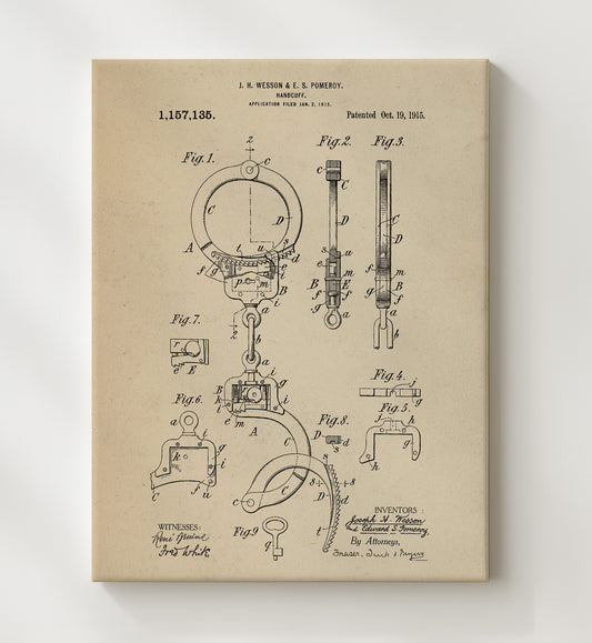 Handcuff 1915 patent print wall art 8x10 Canvas