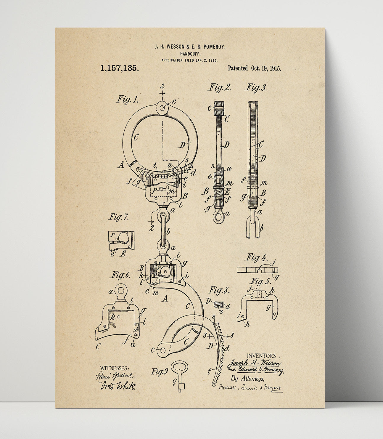 Patent Print - Handcuff - J. H. Wesson And E. S. Pomeroy - 1915 - Patent 1157135 Patent Wall Art