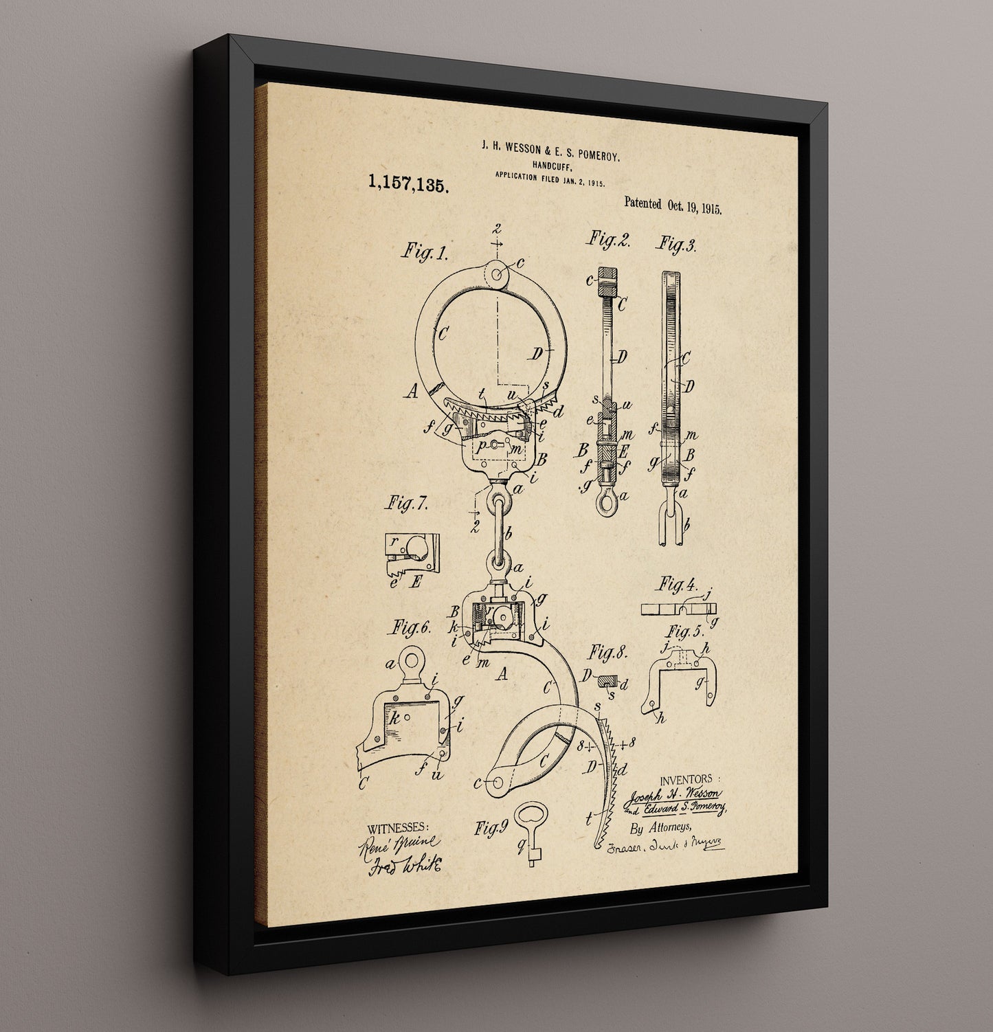 Patent Print - Handcuff - J. H. Wesson And E. S. Pomeroy - 1915 - Patent 1157135 Patent Wall Art