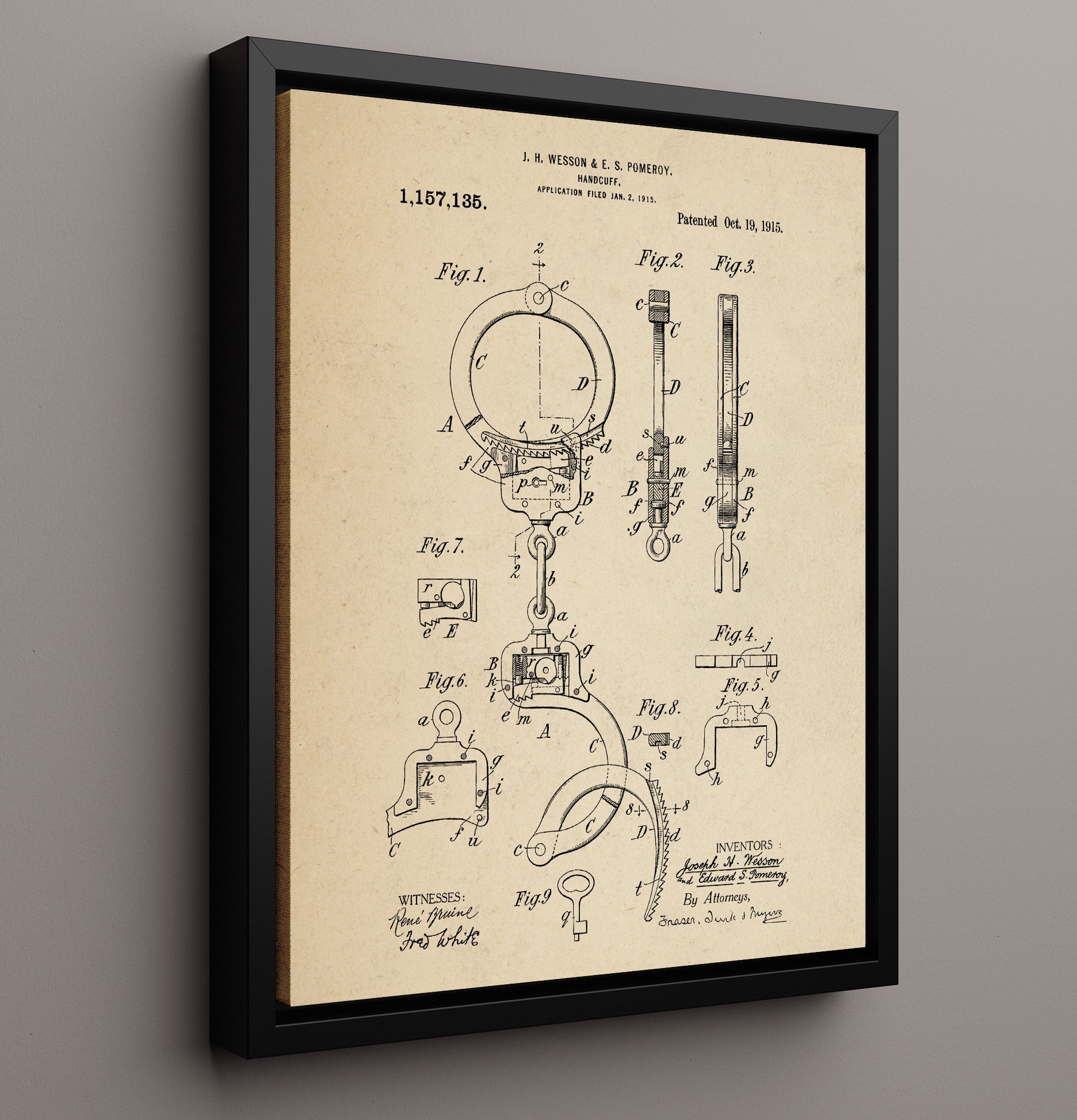 Patent Print - Handcuff - J. H. Wesson And E. S. Pomeroy - 1915 - Patent 1157135 Patent Wall Art