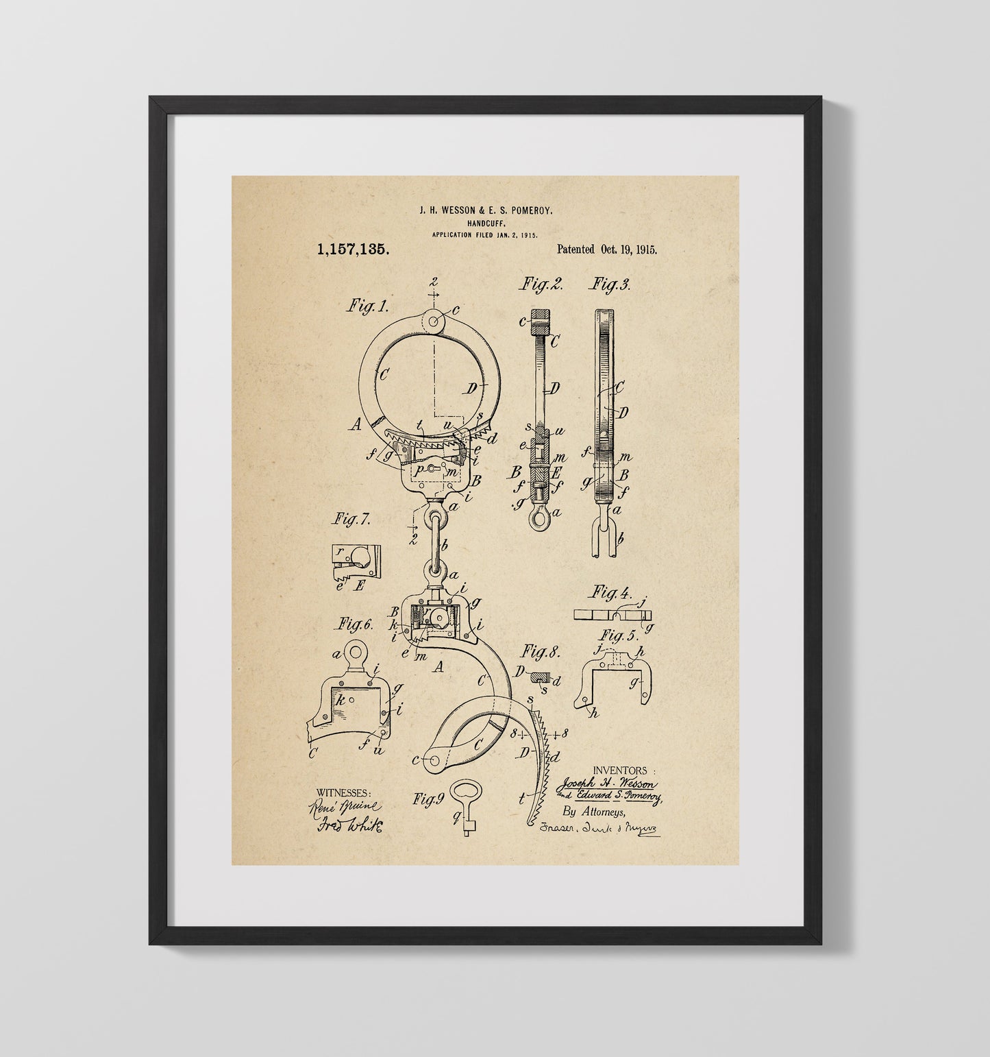 Patent Print - Handcuff - J. H. Wesson And E. S. Pomeroy - 1915 - Patent 1157135 Patent Wall Art