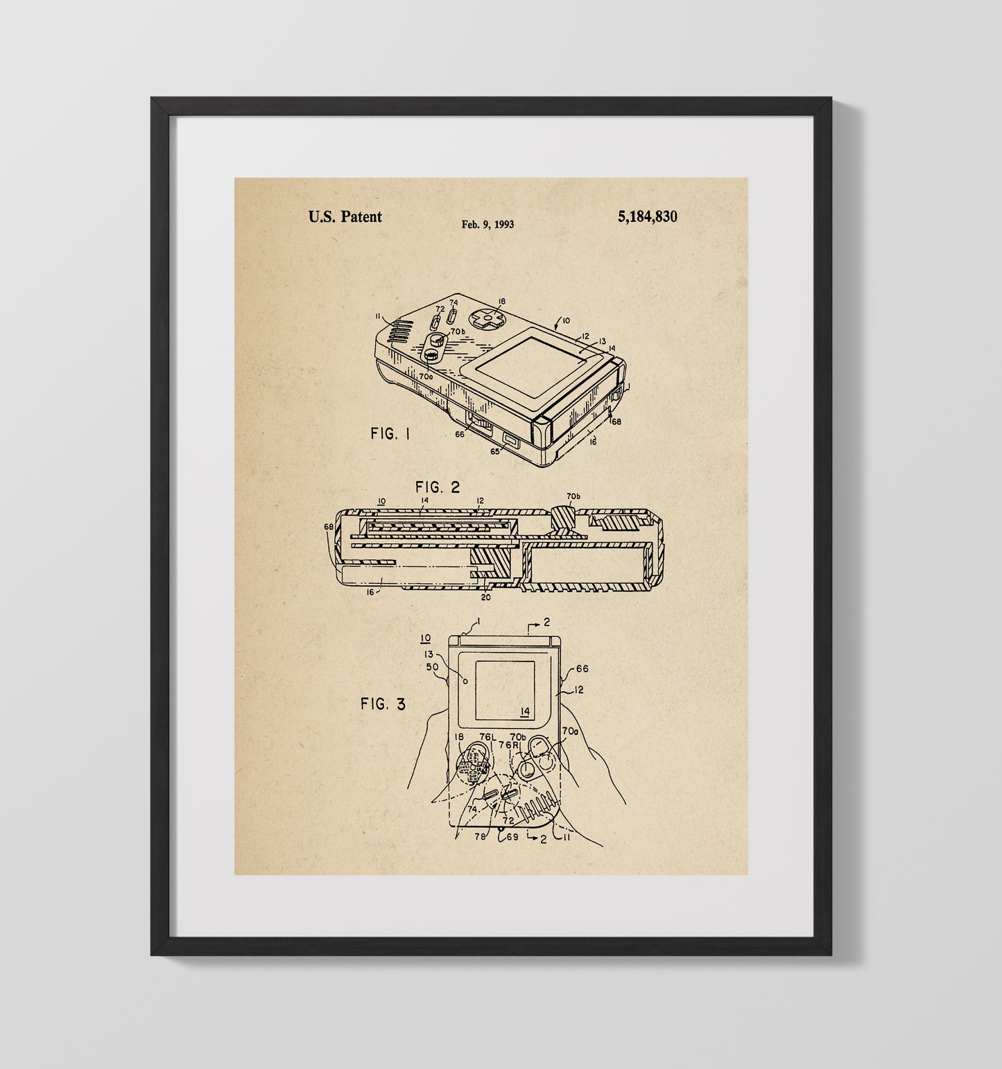 Patent Print - Handheld Electronic Game Device - Unknown Inventor - 1993 - Patent 5184830 Patent Wall Art