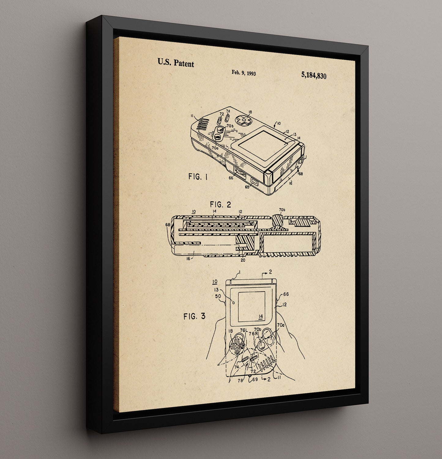 Patent Print - Handheld Electronic Game Device - Unknown Inventor - 1993 - Patent 5184830 Patent Wall Art