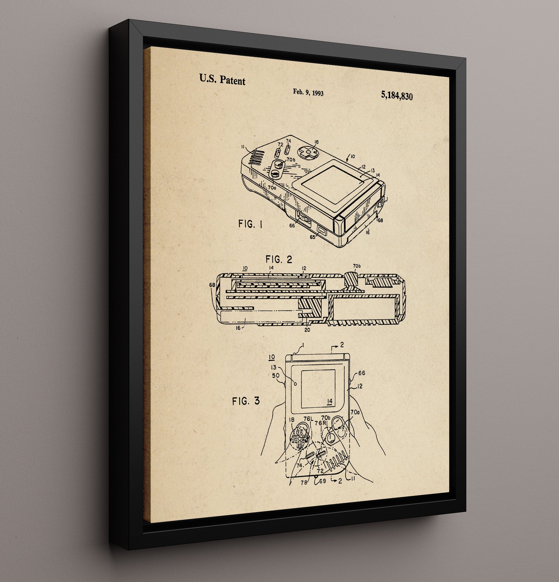 Patent Print - Handheld Electronic Game Device - Unknown Inventor - 1993 - Patent 5184830 Patent Wall Art
