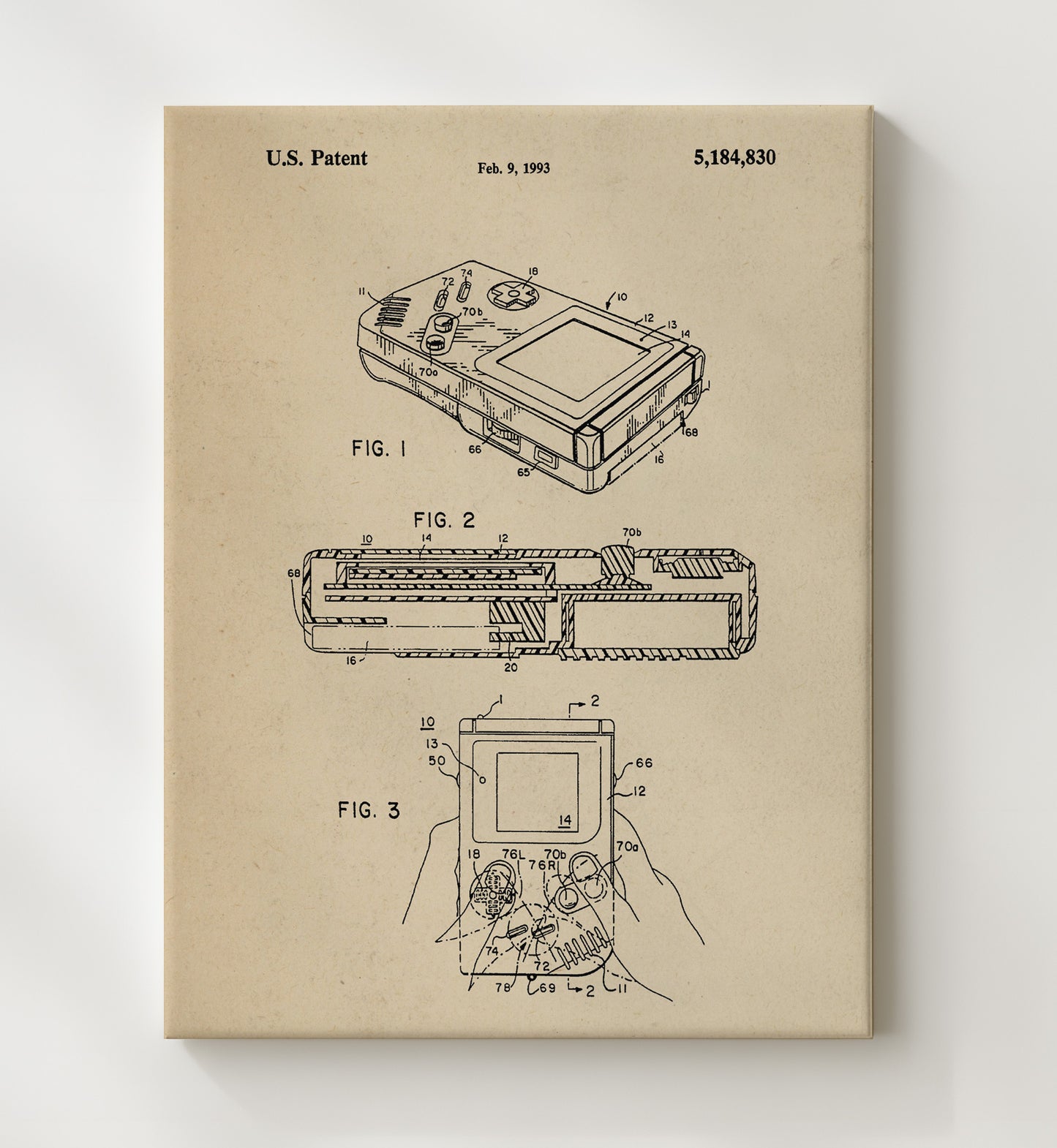 Patent Print - Handheld Electronic Game Device - Unknown Inventor - 1993 - Patent 5184830 Patent Wall Art