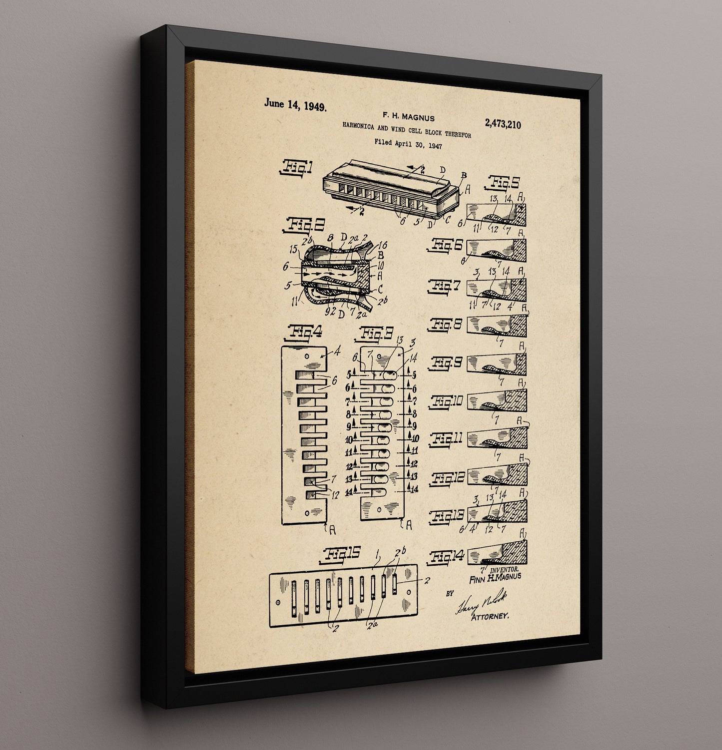 Patent Print - Harmonica And Wind Cell Block Therefor - F. H. Magnus - 1949 - Patent 2473210 Patent Wall Art
