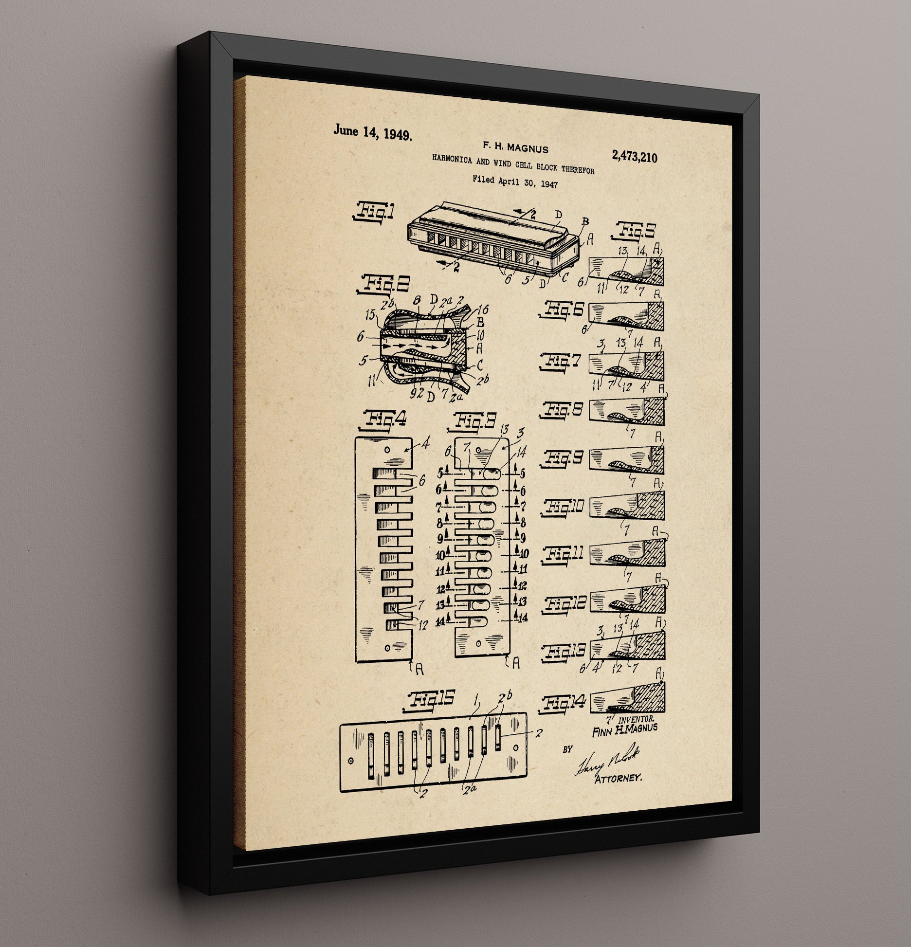 Patent Print - Harmonica And Wind Cell Block Therefor - F. H. Magnus - 1949 - Patent 2473210 Patent Wall Art