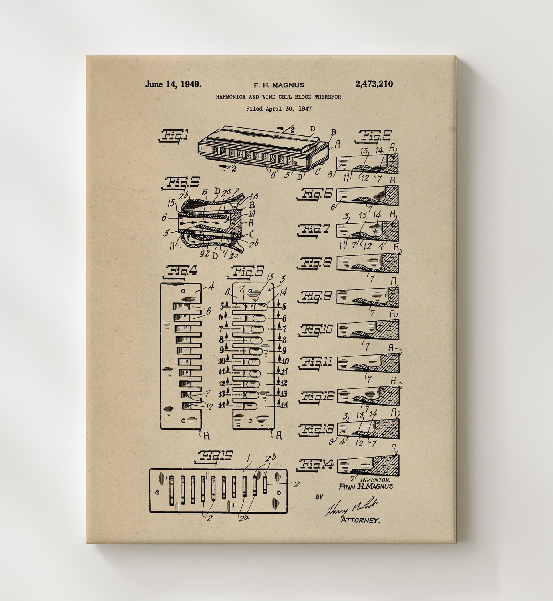 Patent Print - Harmonica And Wind Cell Block Therefor - F. H. Magnus - 1949 - Patent 2473210 Patent Wall Art