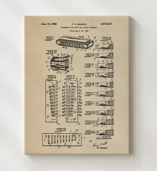 Harmonica And Wind Cell Block Therefor 1949 patent print wall art 8x10 Canvas