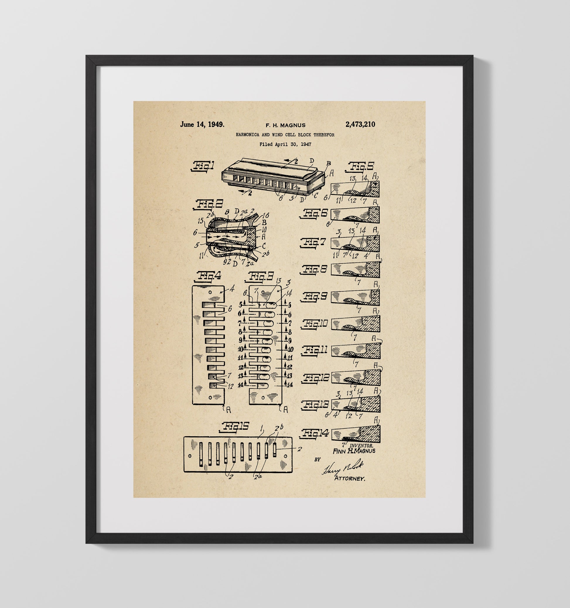 Patent Print - Harmonica And Wind Cell Block Therefor - F. H. Magnus - 1949 - Patent 2473210 Patent Wall Art