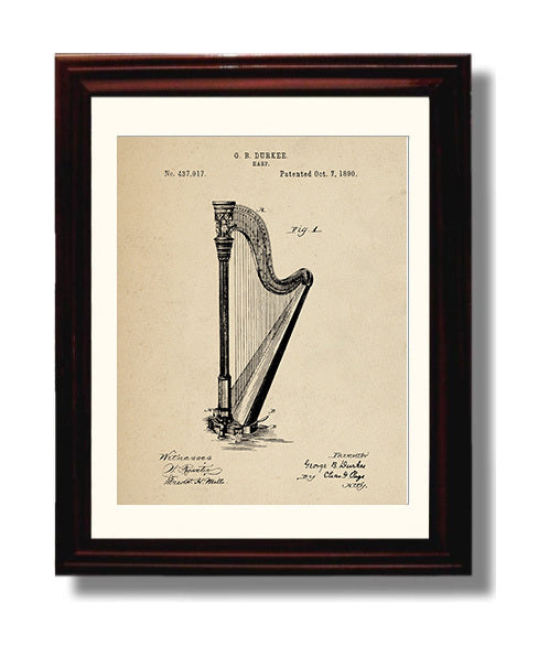 Patent Print - Harp - George B. Durkee - 1890 - Patent 437917 Patent Wall Art