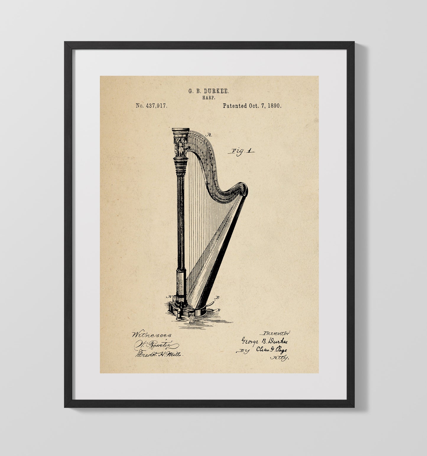 Patent Print - Harp - George B. Durkee - 1890 - Patent 437917 Patent Wall Art