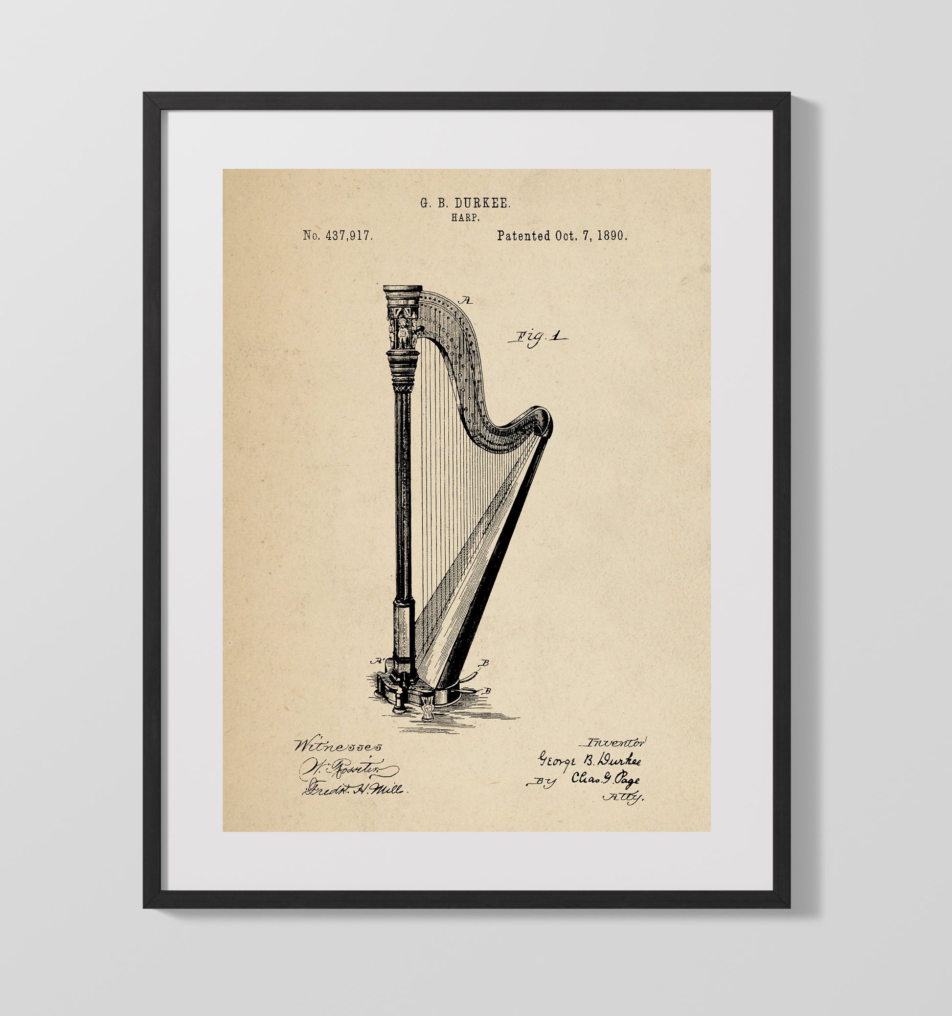 Patent Print - Harp - George B. Durkee - 1890 - Patent 437917 Patent Wall Art
