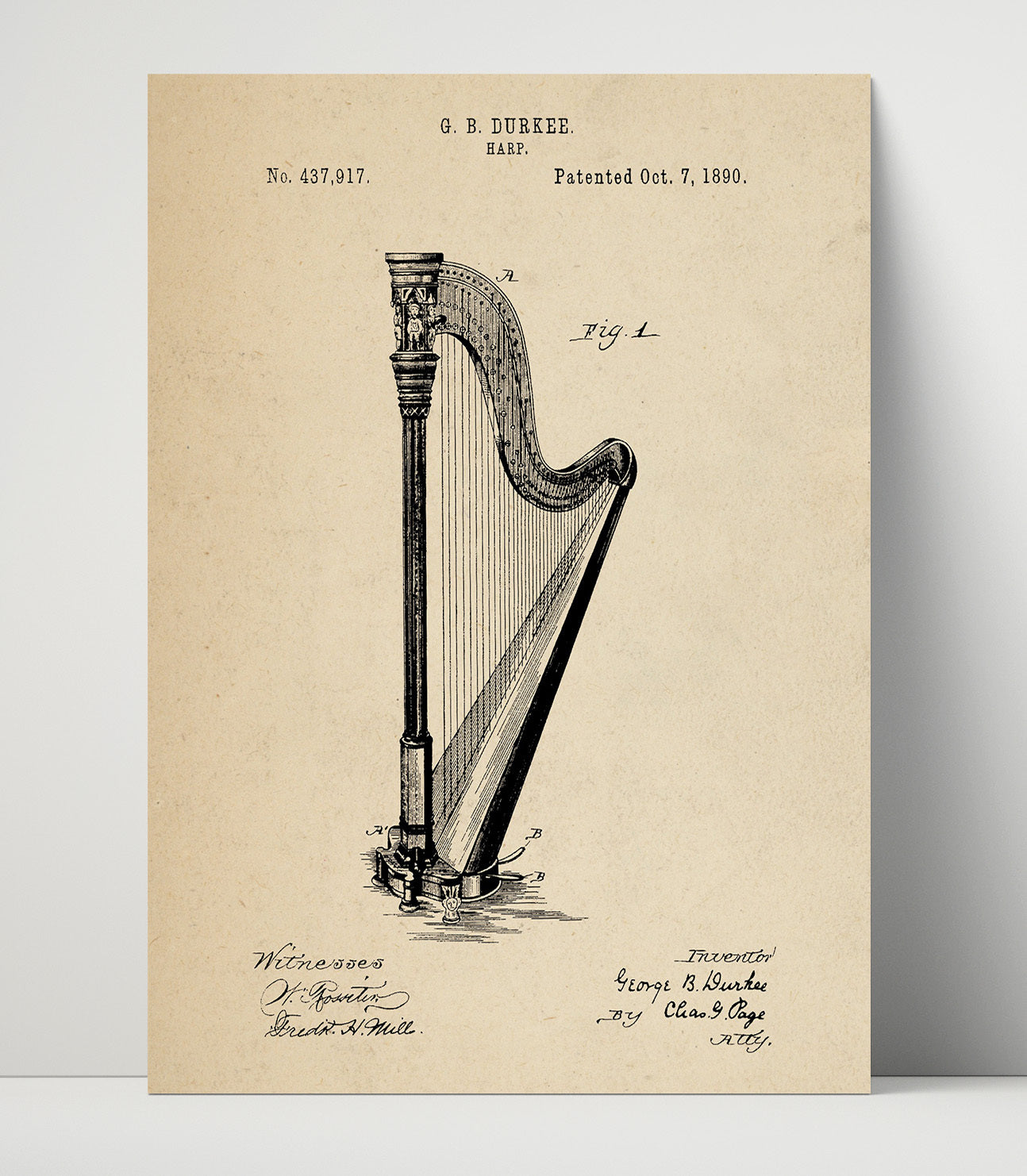 Patent Print - Harp - George B. Durkee - 1890 - Patent 437917 Patent Wall Art