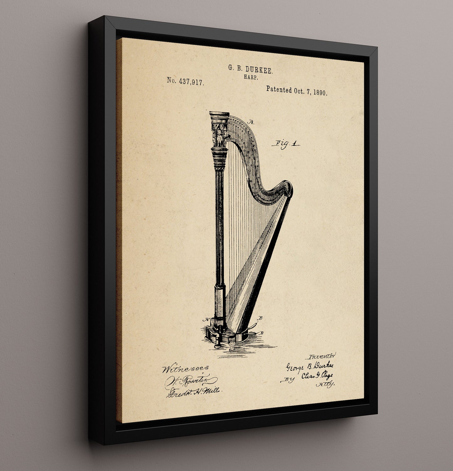 Patent Print - Harp - George B. Durkee - 1890 - Patent 437917 Patent Wall Art