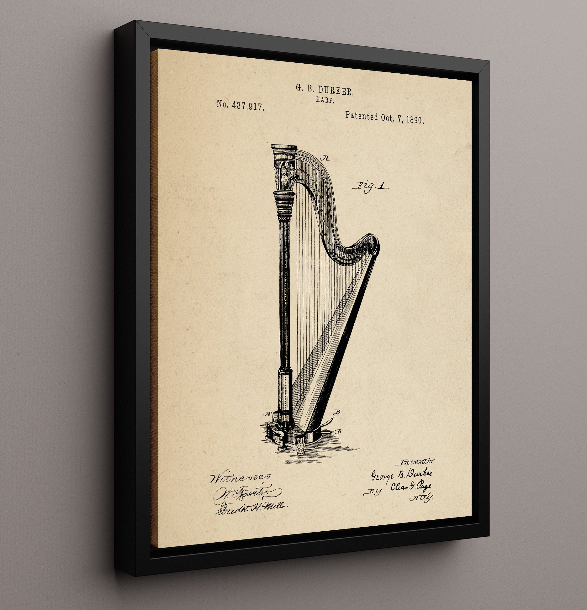 Patent Print - Harp - George B. Durkee - 1890 - Patent 437917 Patent Wall Art
