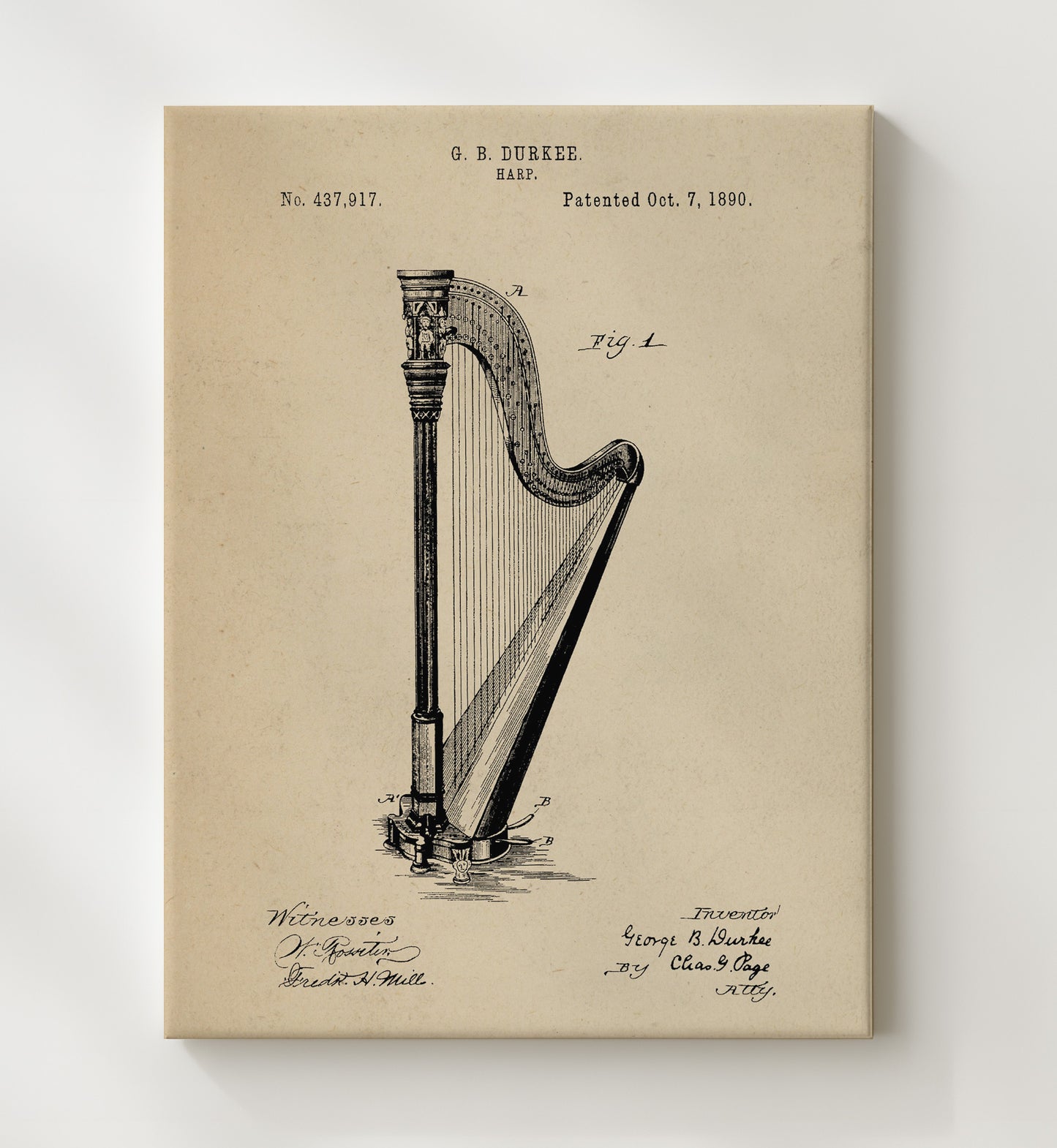 Patent Print - Harp - George B. Durkee - 1890 - Patent 437917 Patent Wall Art