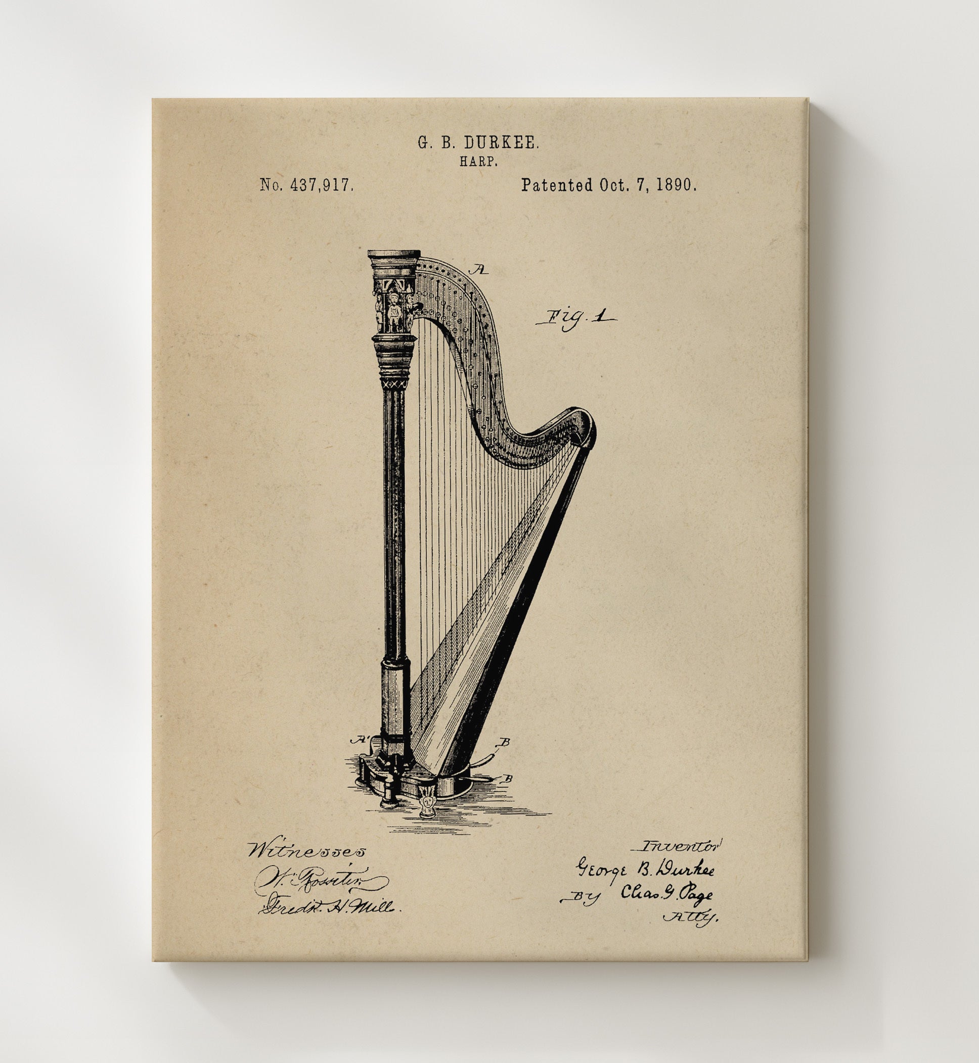 Patent Print - Harp - George B. Durkee - 1890 - Patent 437917 Patent Wall Art